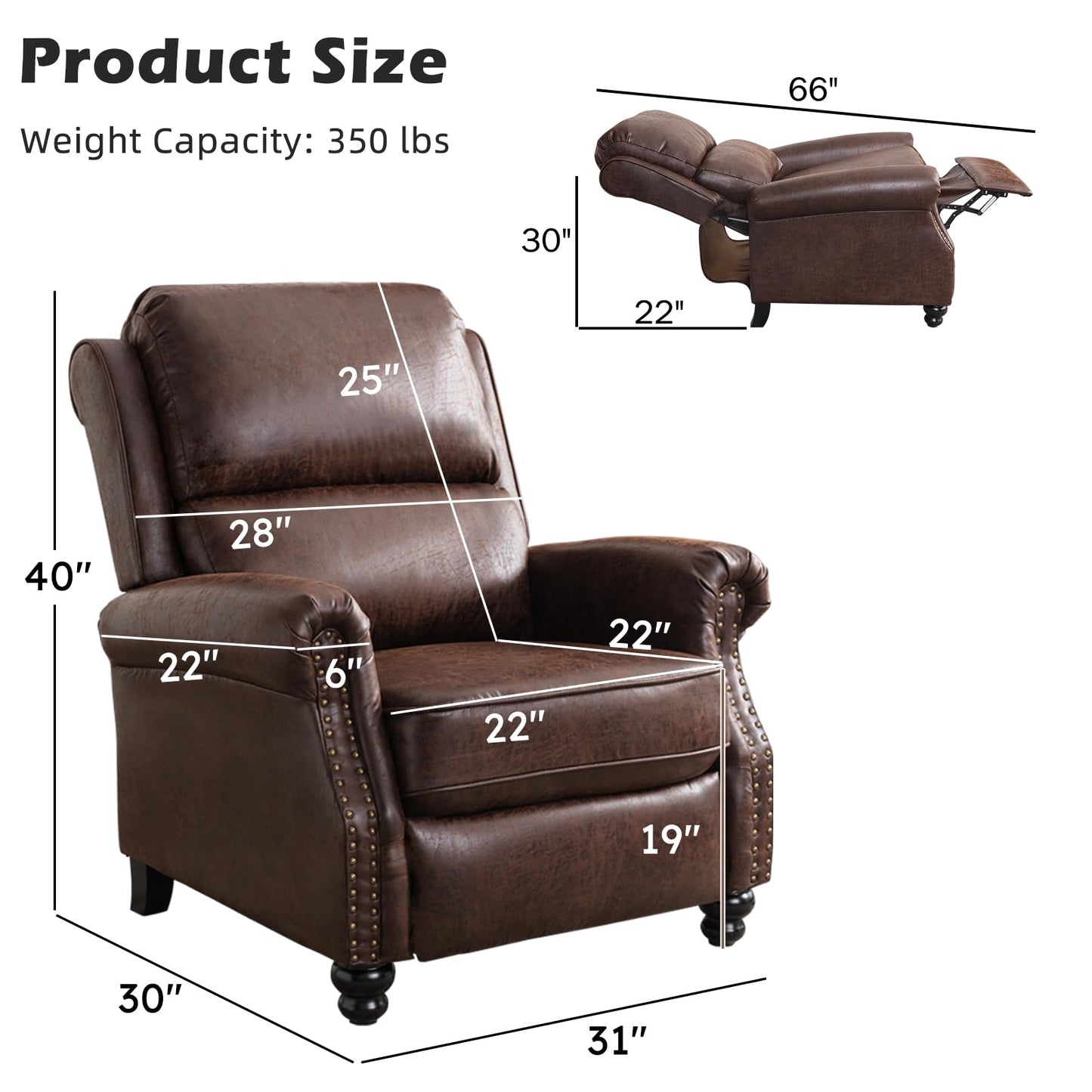 IOMOR Push Back Recliner Chair Faux Leather Lounge Armchair with Rivet Decoration Wingback Single Sofa Chair with Padded Seat Solid Wood Legs for Living Room, Comfy Upholstered, Red Brown