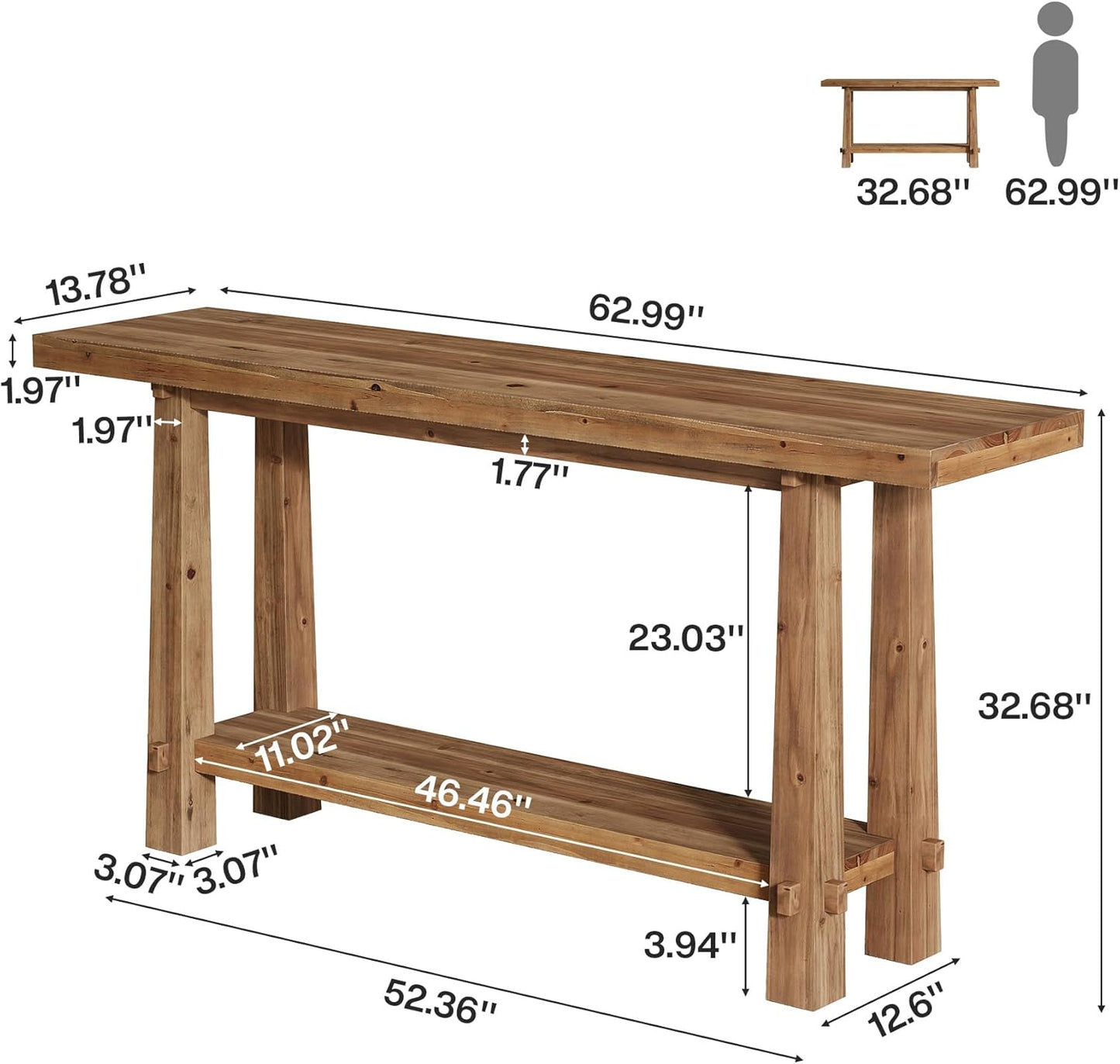 63" Solid Console Table, Farmhouse 2-Tier Wood Entryway Sofa Table for Living Room, Hallway, Easy Assembly, Natural Rustic Brown