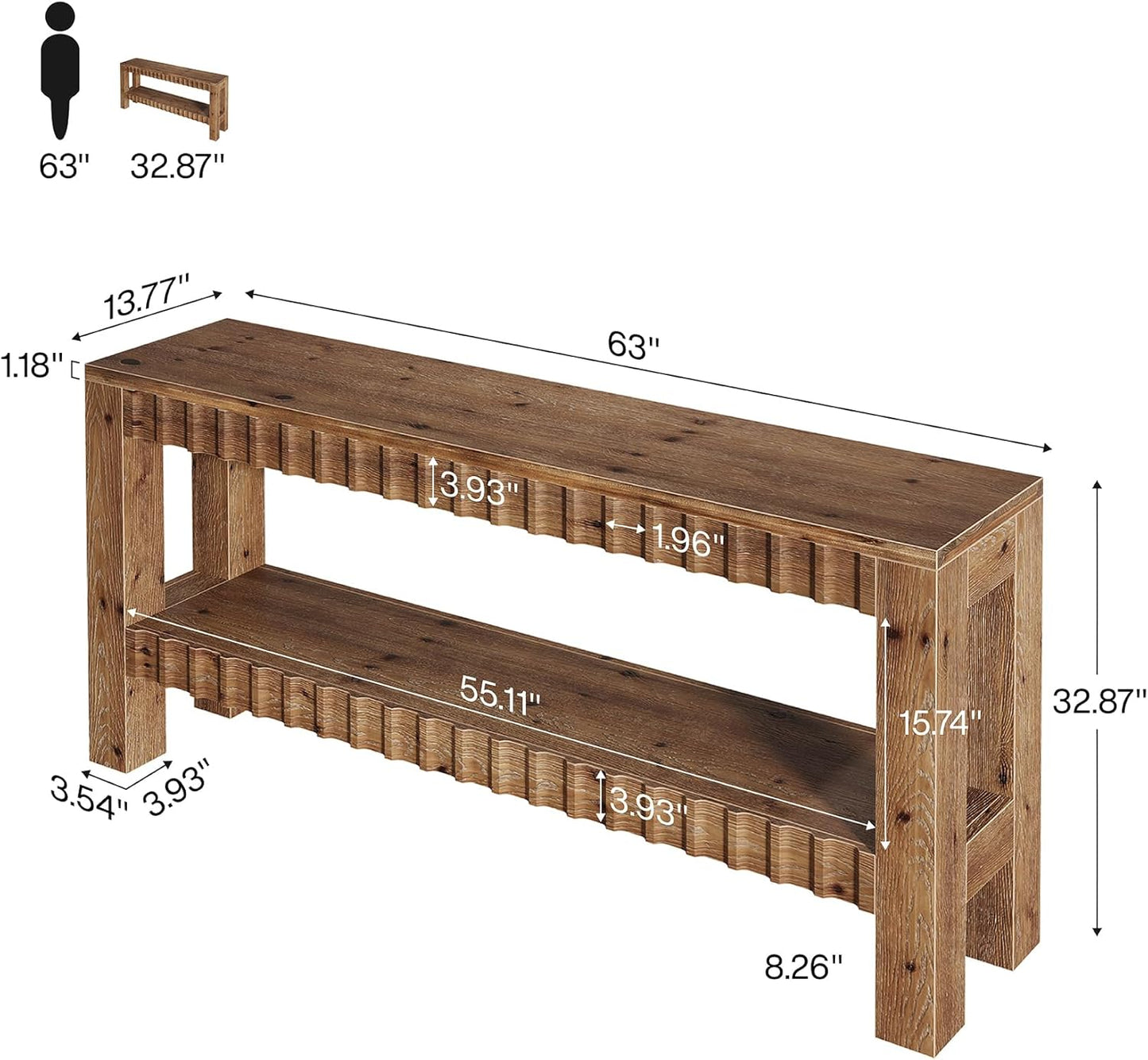 Solid Wood Console Table, 63" Farmhouse Wooden Entryway Table with Fluted Deign, 2-Tier Rectangular Narrow Sofa Table Behind Couch for Entryway, Hallway, Living Room, Rustic Brown