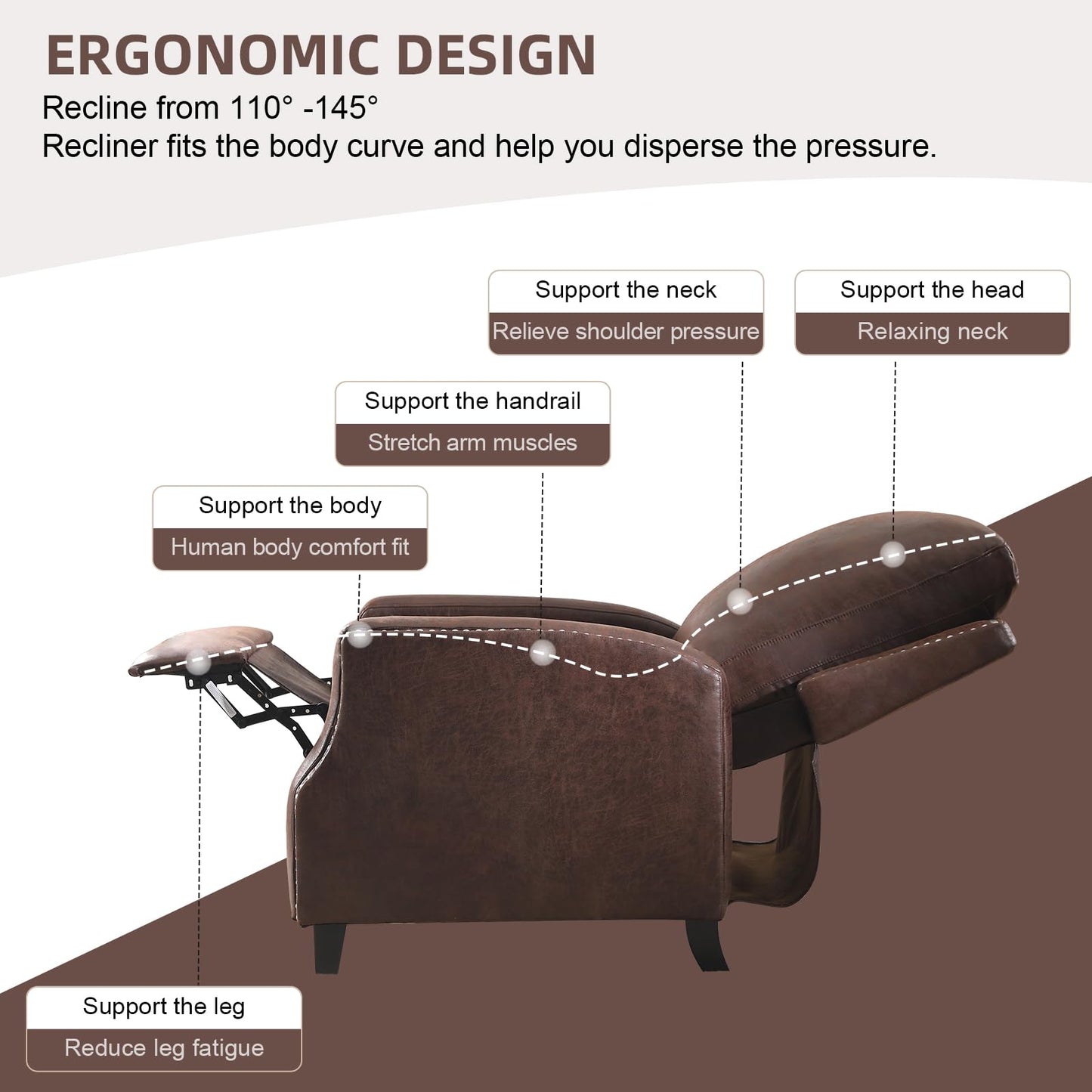 IOMOR Push Back Recliner Chair Faux Leather Lounge Armchair with Rivet Decoration Wingback Single Sofa Chair with Padded Seat Solid Wood Legs for Living Room, Comfy Upholstered, Red Brown