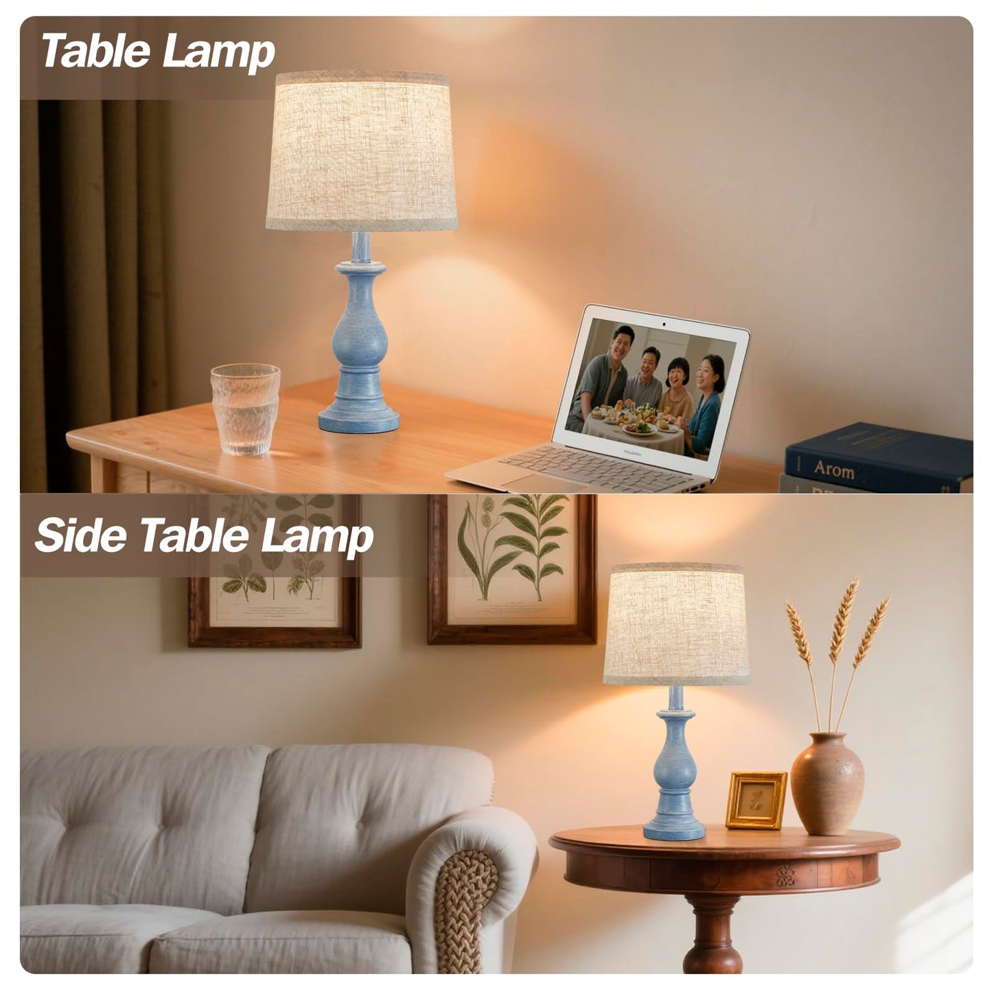 Vintage Table Lamp for Living Room Bedroom, 18.5" Farmhouse Bedside Lamps Nightstand Lamp Set of 2, Table Lamps with Oatmeal Linen Lamp Shades, 2 LED Bulbs Included