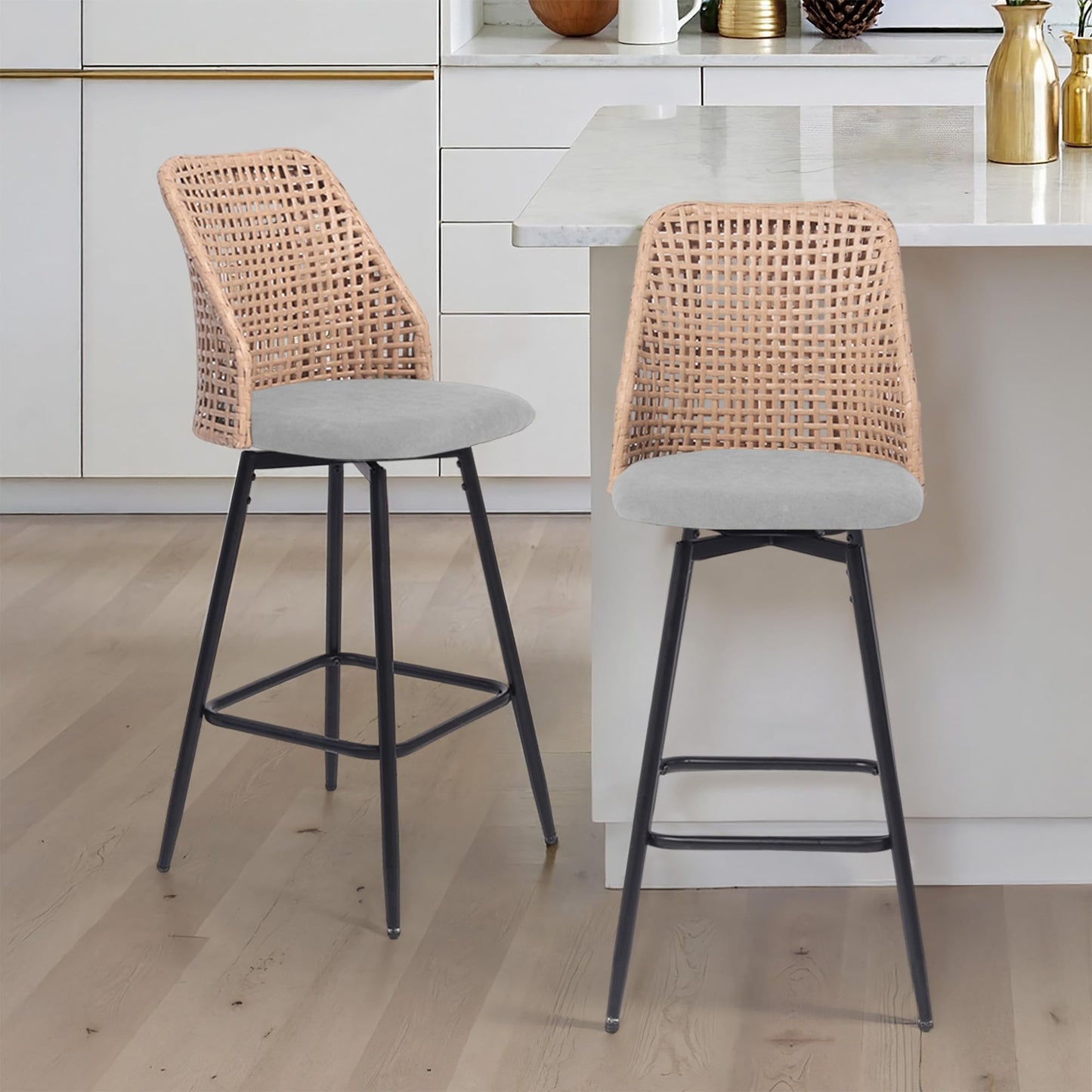 28.7" Swivel Bar Stools Set of 2, Mid Century Modern Counter Height Barstools with Rattan Backrest, Upholstered Chenille Armless Bar Chair Island Stools for Kitchen Island, Bar, Beige