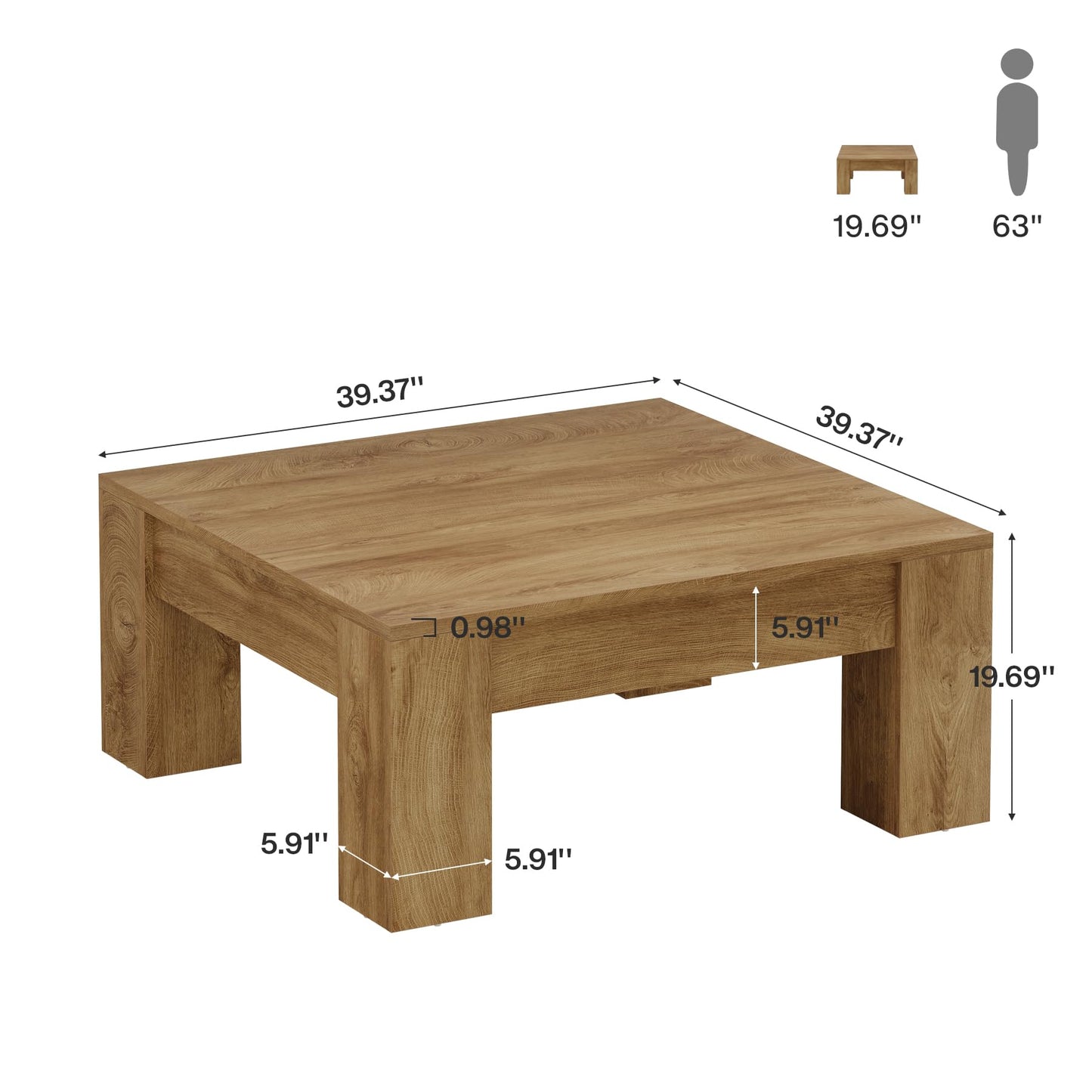 Tribesigns Square Coffee Table, 39-Inch Farmhouse Wooden Coffee Table with Sturdy Legs, Rustic Accent Center Table for Living Room, Easy Assembly, Light Brown