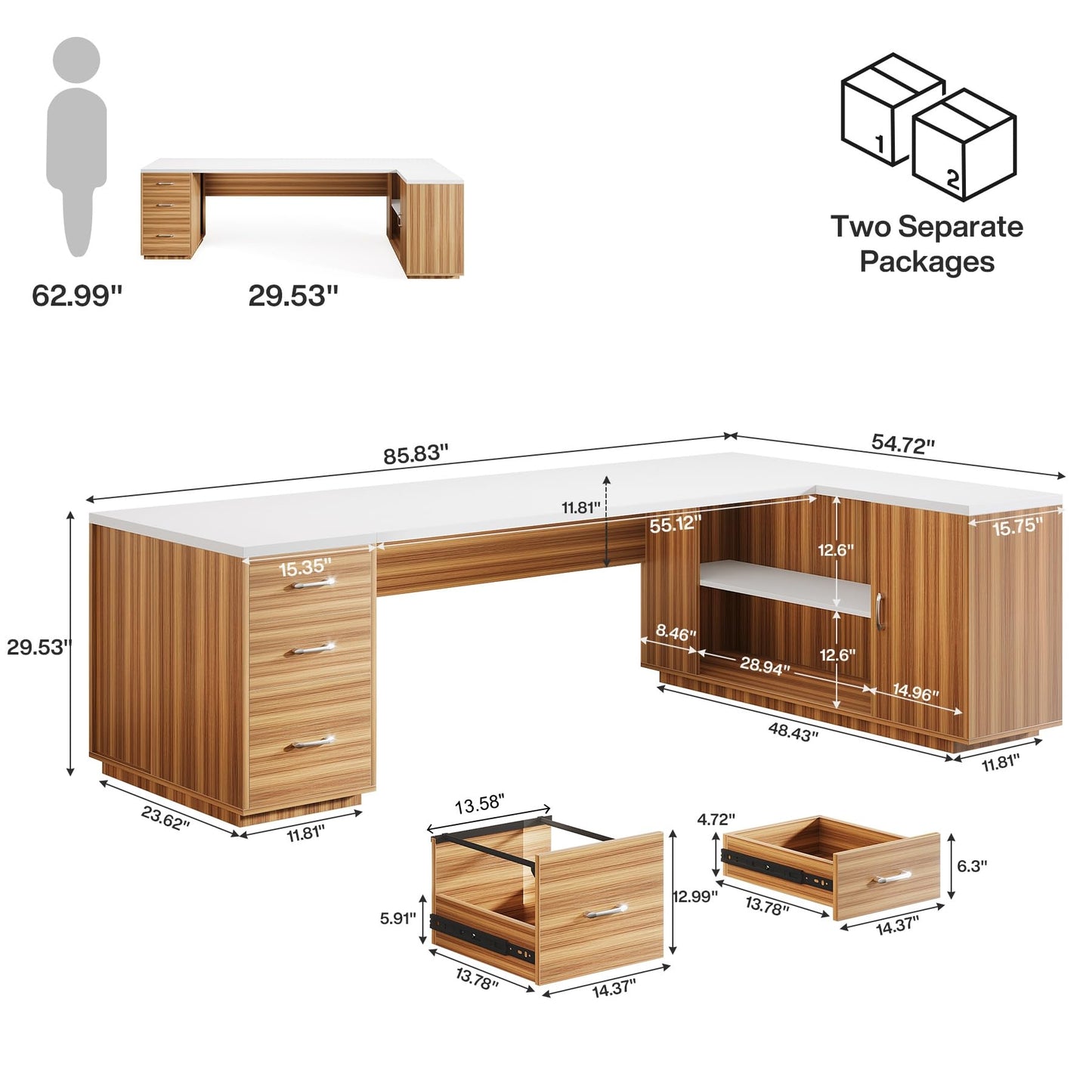 Tribesigns 85.8-Inch L-Shaped Executive Desk with File Drawers, Door Cabinet & Shelves, Extra Large Commercial Office Desk, Modern Professional Office Table, Business Furniture, Warm Brown & Black
