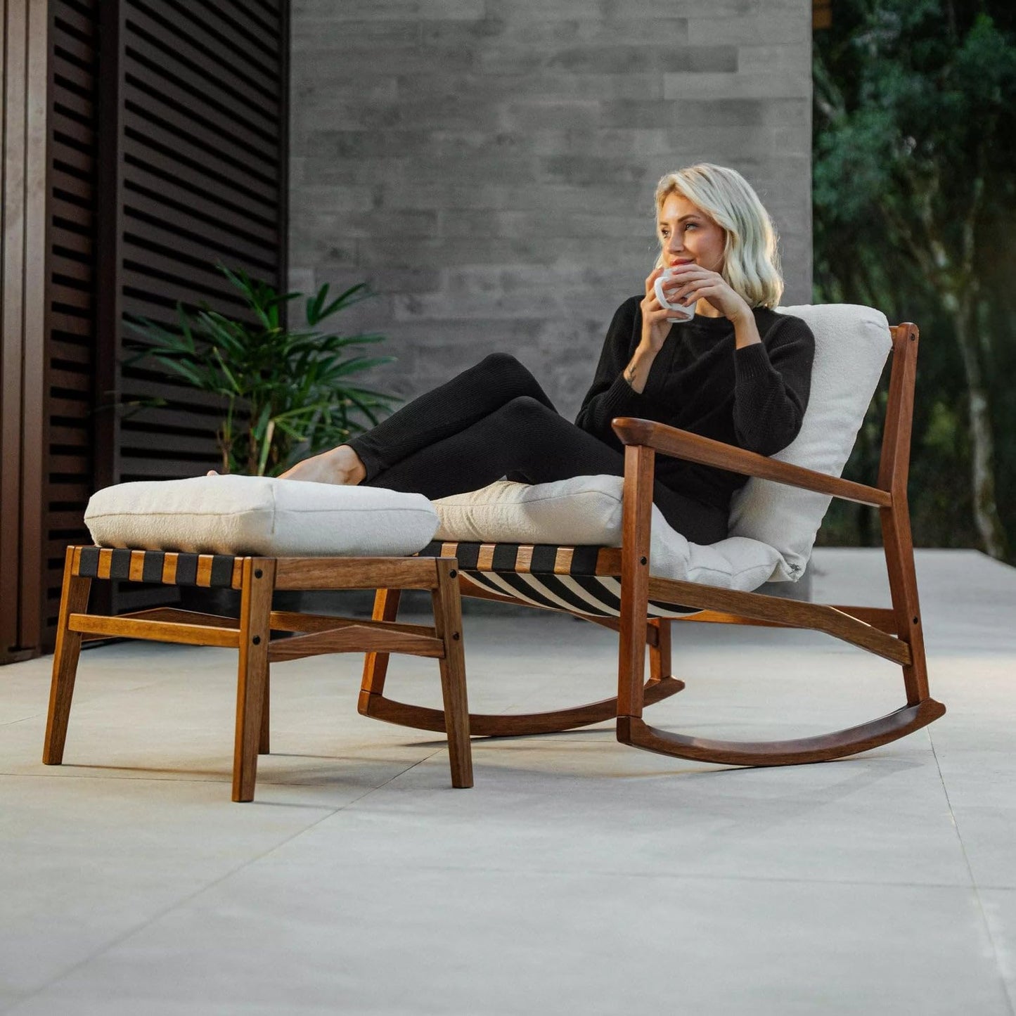 Grain Wood Furniture Solid Wood Mid Century Rocking Chair with Off-White Performance Boucle Cushions
