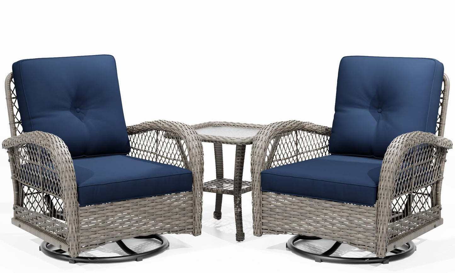 Joyside Patio Bistro Set, 3-Piece Outoodr Wicker Swivel Rocking Chair Set, Outdoor Patio Furniture Chair with Side Coffee Table & Durable Fabric Cushion(Brown/Beige)