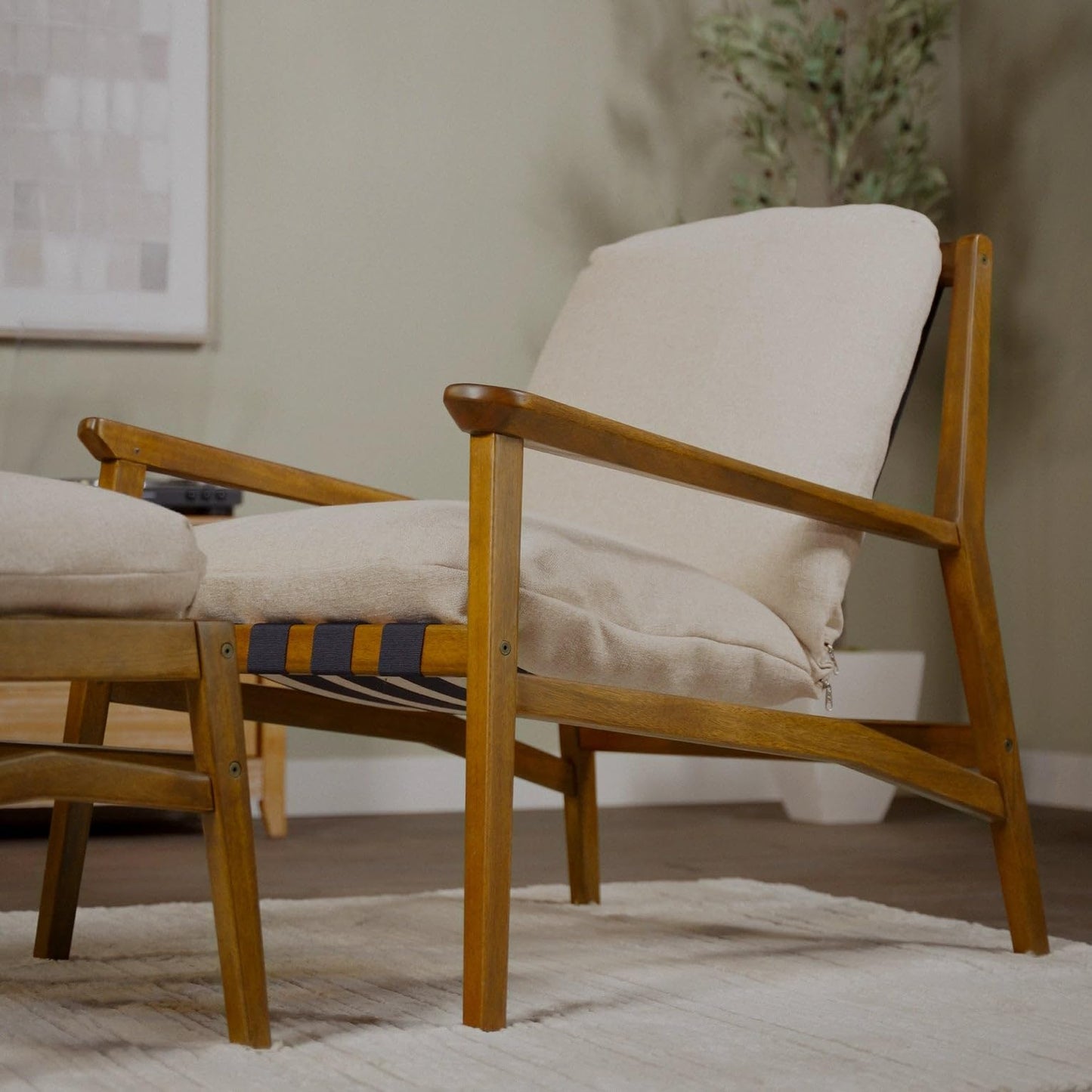 Grain Wood Furniture Solid Wood Mid Century Lounge Chair with Stone Gray Cushions