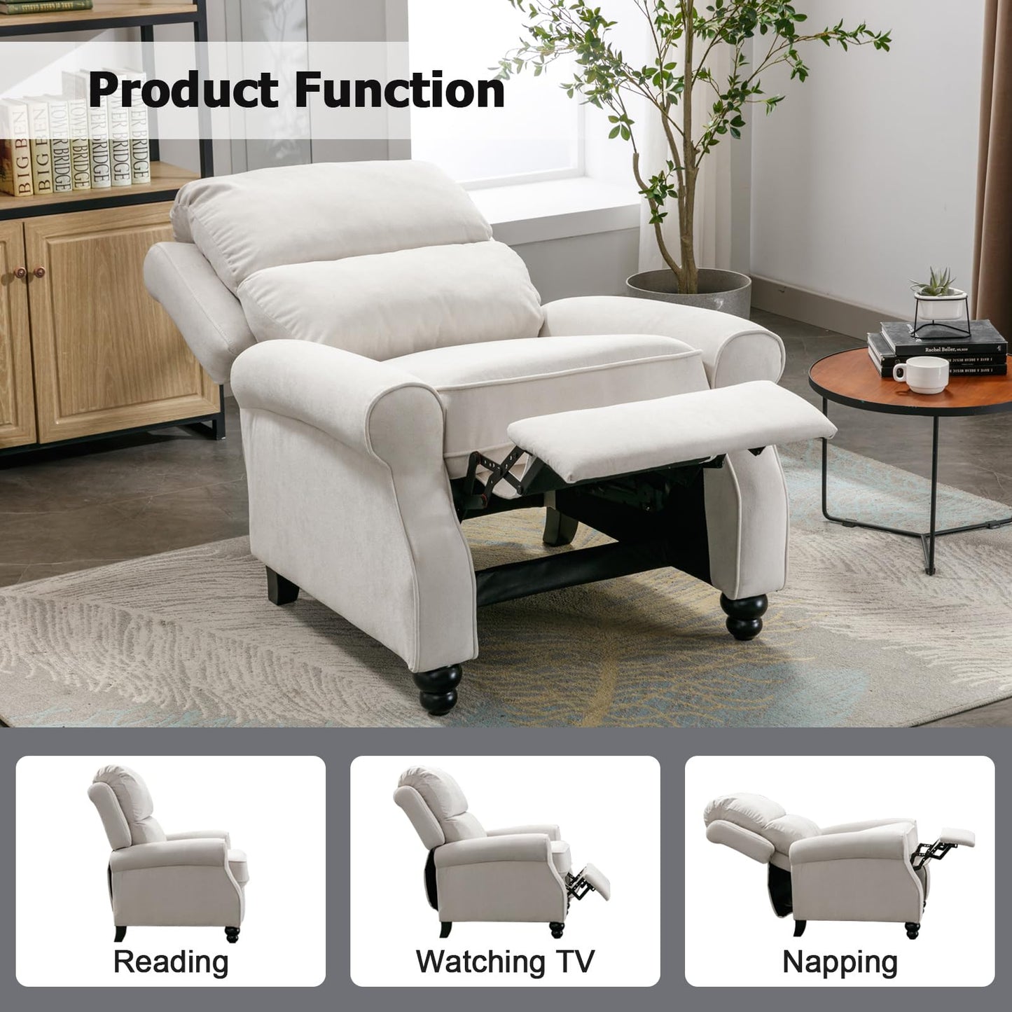 IOMOR Push Back Recliner Chair Faux Leather Lounge Armchair with Rivet Decoration Wingback Single Sofa Chair with Padded Seat Solid Wood Legs for Living Room, Comfy Upholstered, Red Brown