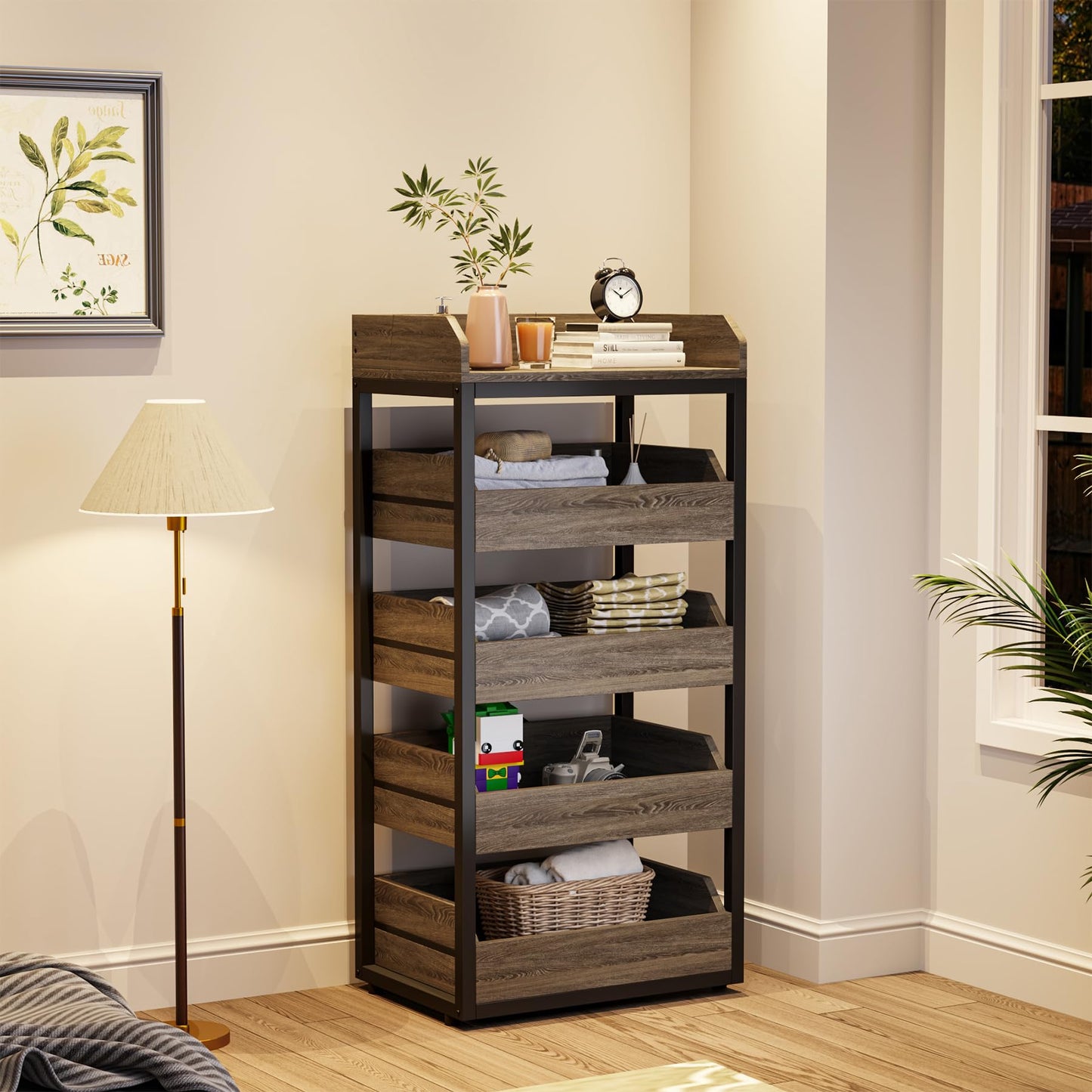Tribesigns Wood Fruit and Vegetable Storage Rack, 5-Tier Pull-Out Snack Stand Fruit Basket Stand, Utility Shelf Organizer for Kitchen, Living Room, Bedroom, Rustic Brown