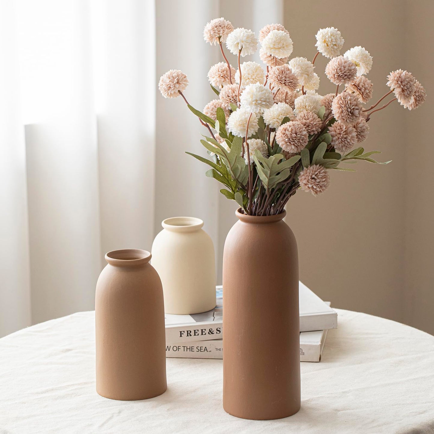 10.4 inches Tall Decorative Ceramic Vase Set, 3 Pieces, Nordic Modern Boho Style, White, Modern Farmhouse for Home Decor (Coffee Mix)