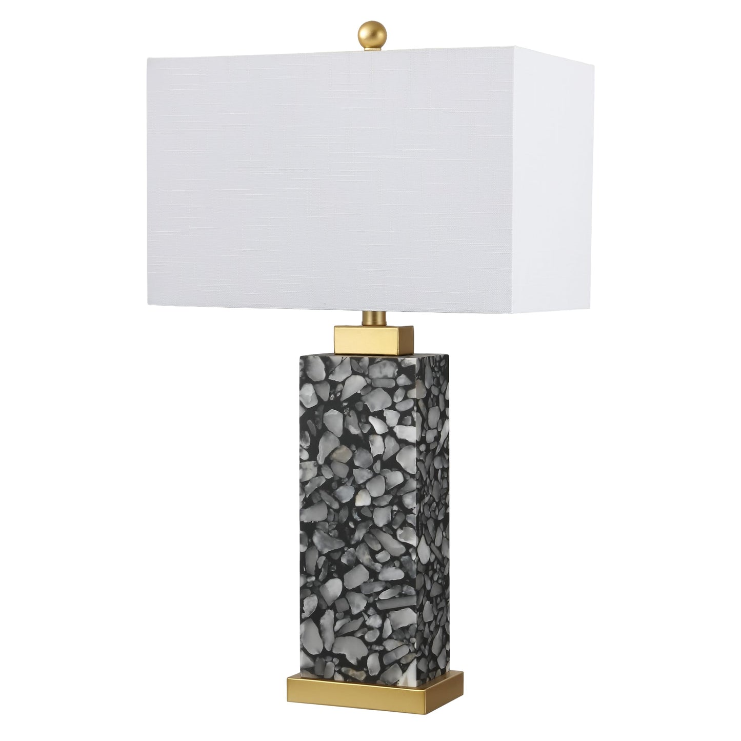 JONATHAN Y 24.25" Black/White Modern Alabaster LED Table Lamp for Home Decor, White Linen Shade, Coastal Nightstand Lamp with Built-in Base Accent Light (JYL8507A)