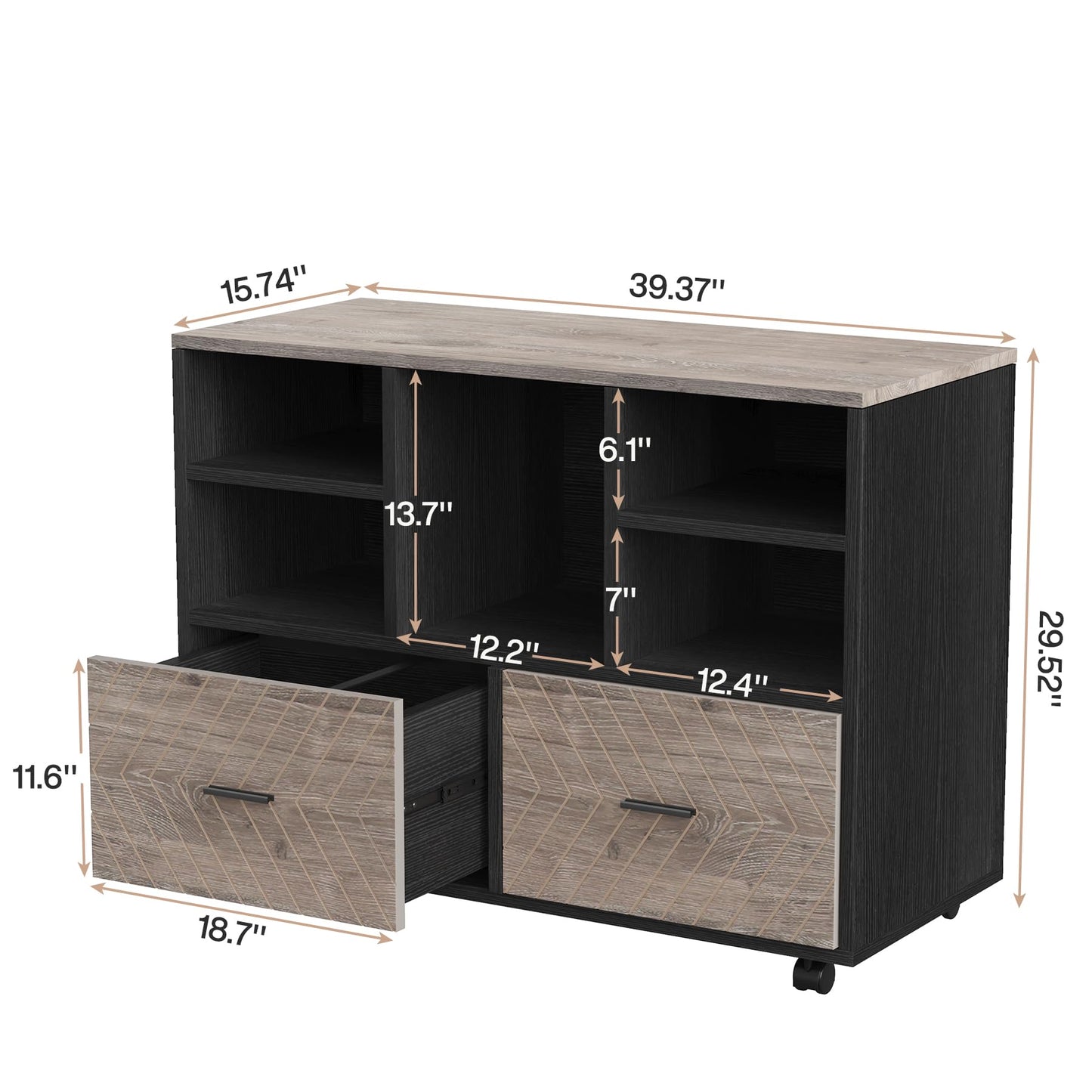Tribesigns 2-Drawer Wood File Cabinet, Mobile Lateral Filing Cabinet for Hanging Letter Size Files, Printer Stand with Open Storage Shelves for Home Office (Oak Karo & White)