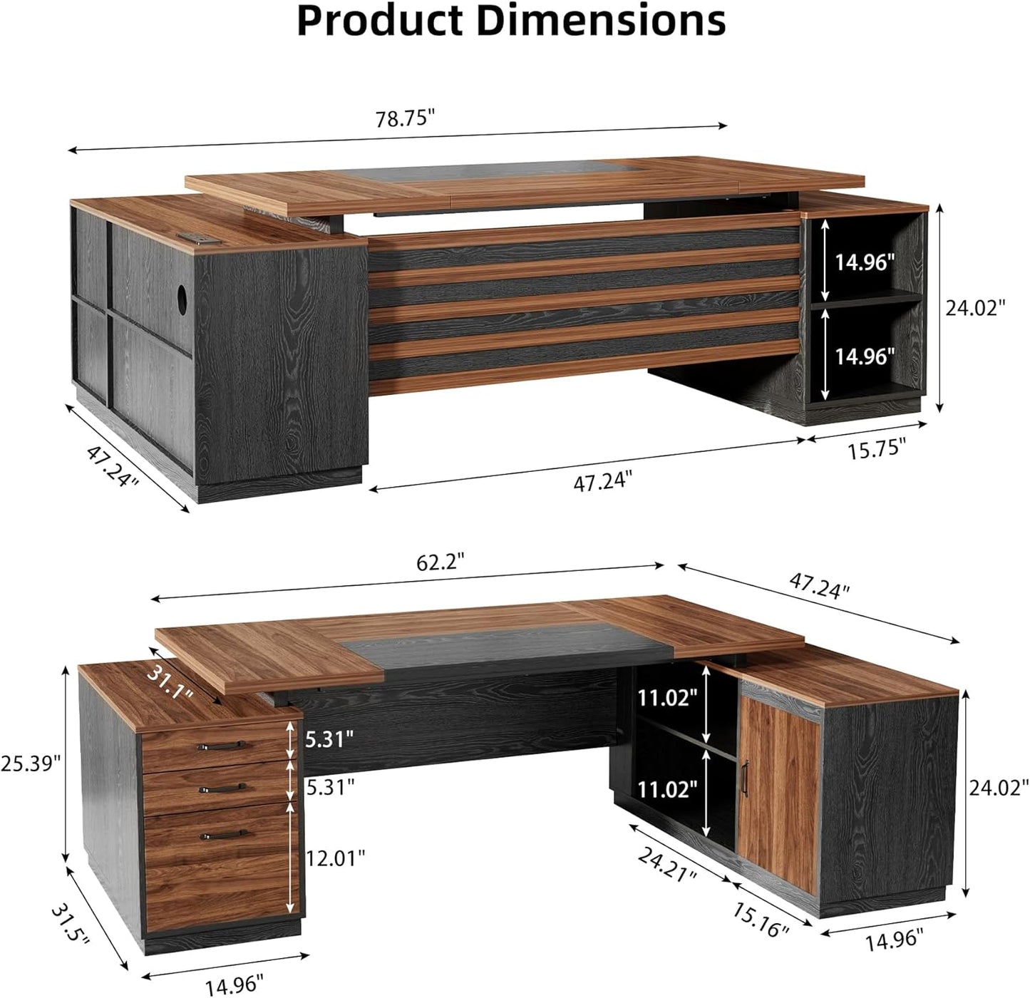 Epecoya L-Shaped Executive Desk with Storage Cabinet and Open Shelf, 78-Inch Home Office Desk with Drawers, Boss Large L-Desk with Power Outlet for Studio, Office, Black Brown