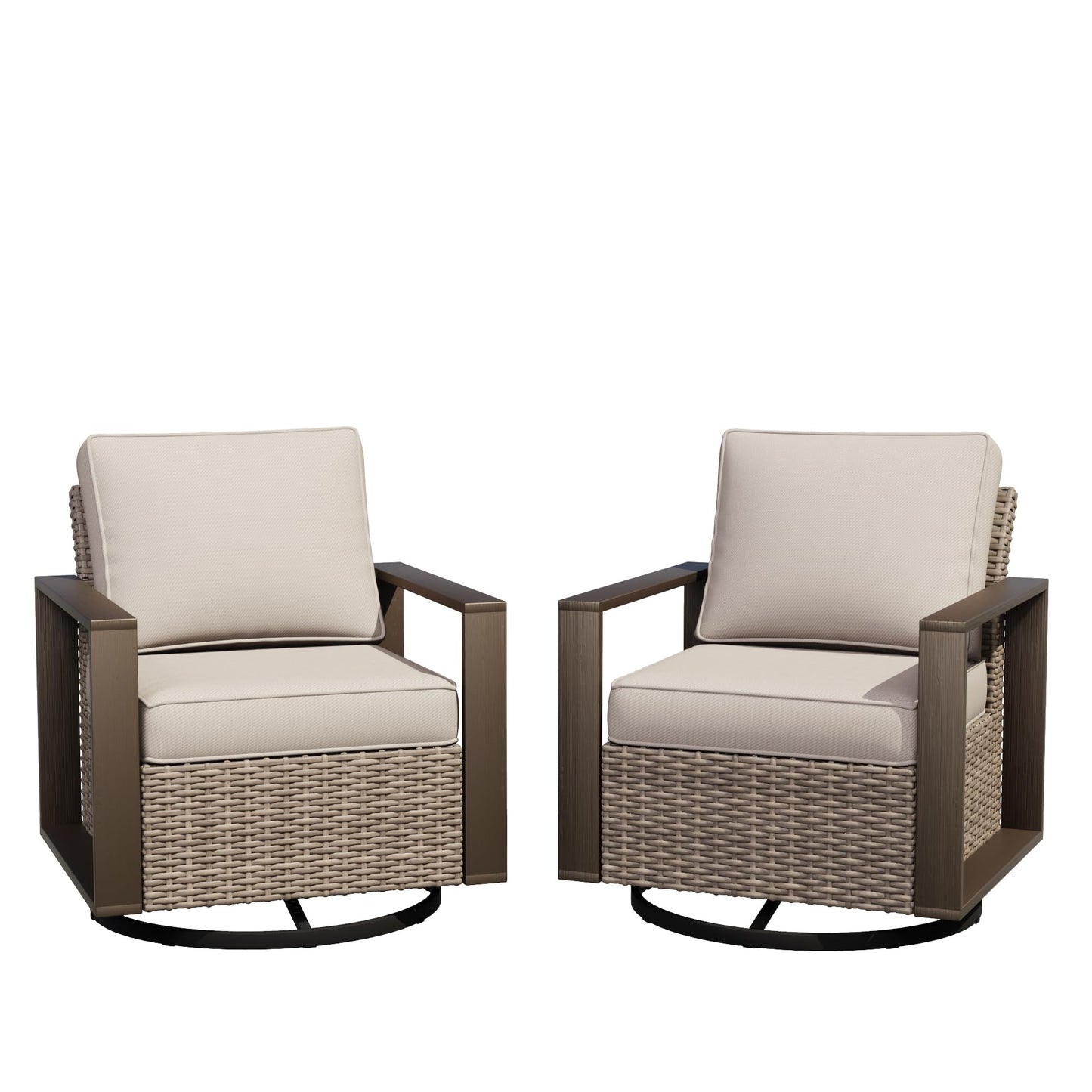 Joyside Outdoor Patio Swivel Rocker Chairs, 3 Pieces Wicker Furniture Set, 2 Swivel Rocking Chairs and 1 Table, Metal Wide Armrest, Thick Cushions and Deep Seating for Garden, Backyard, Porch, Deck