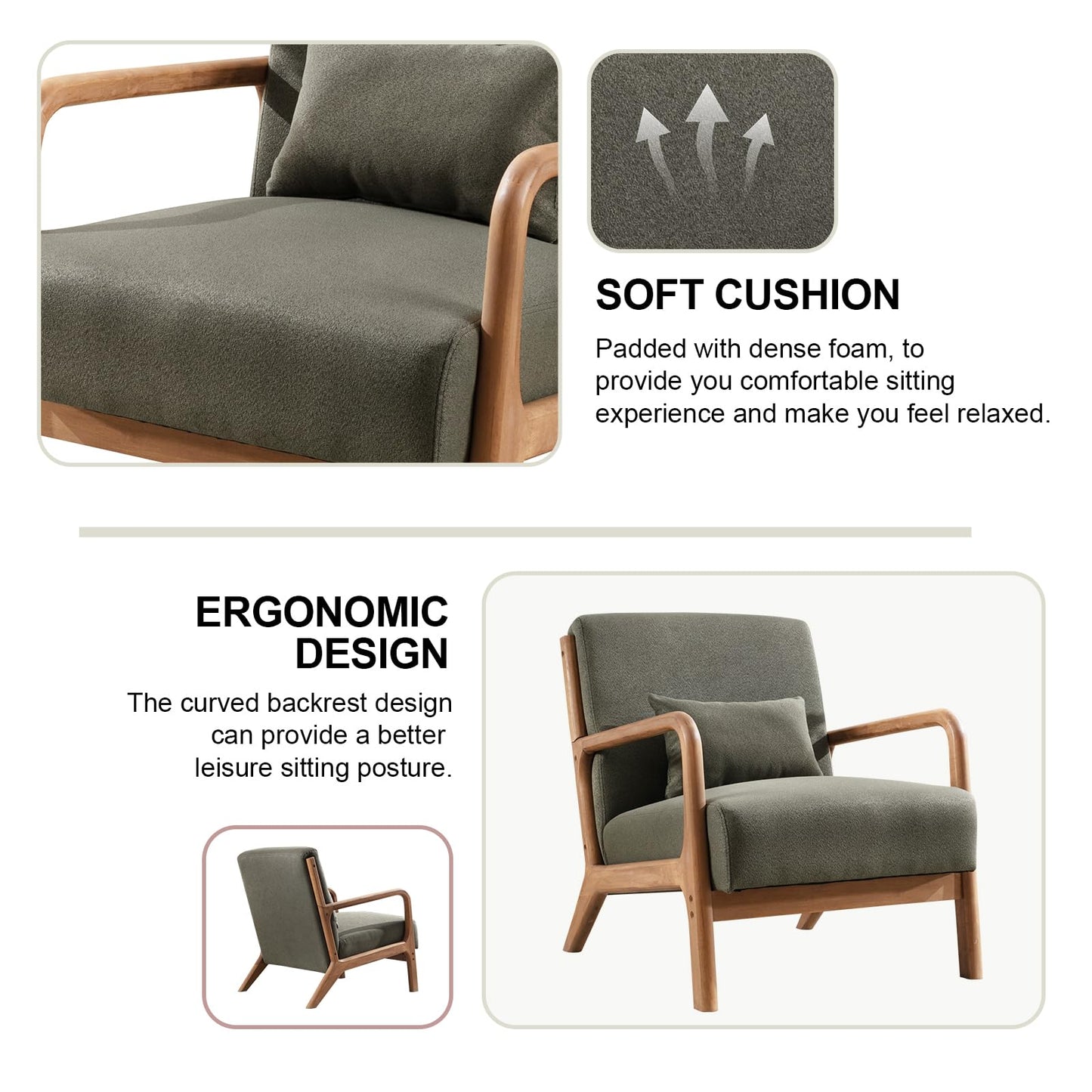 IOMOR Accent Chair Mid Century Modern Chair Linen Fabric Living Room Chairs with Solid Wood Frame Comfy Upholstered and Lumbar Pillow Reading Side Chair Easy Assembly for Bedroom Room (1, Linen Green)