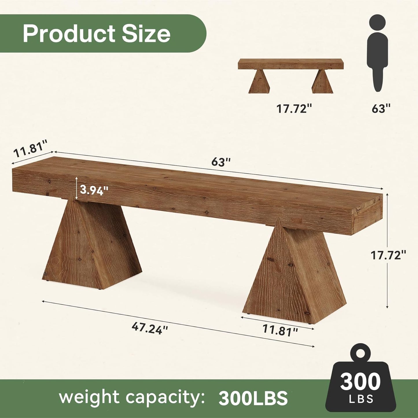 Solid Wood Bench-63 Rustic Indoor End of Bed Bench, Farmhouse Entryway Benches with Triangle Base for Bedroom, Hallway, Kitchen (Rustic Brown)