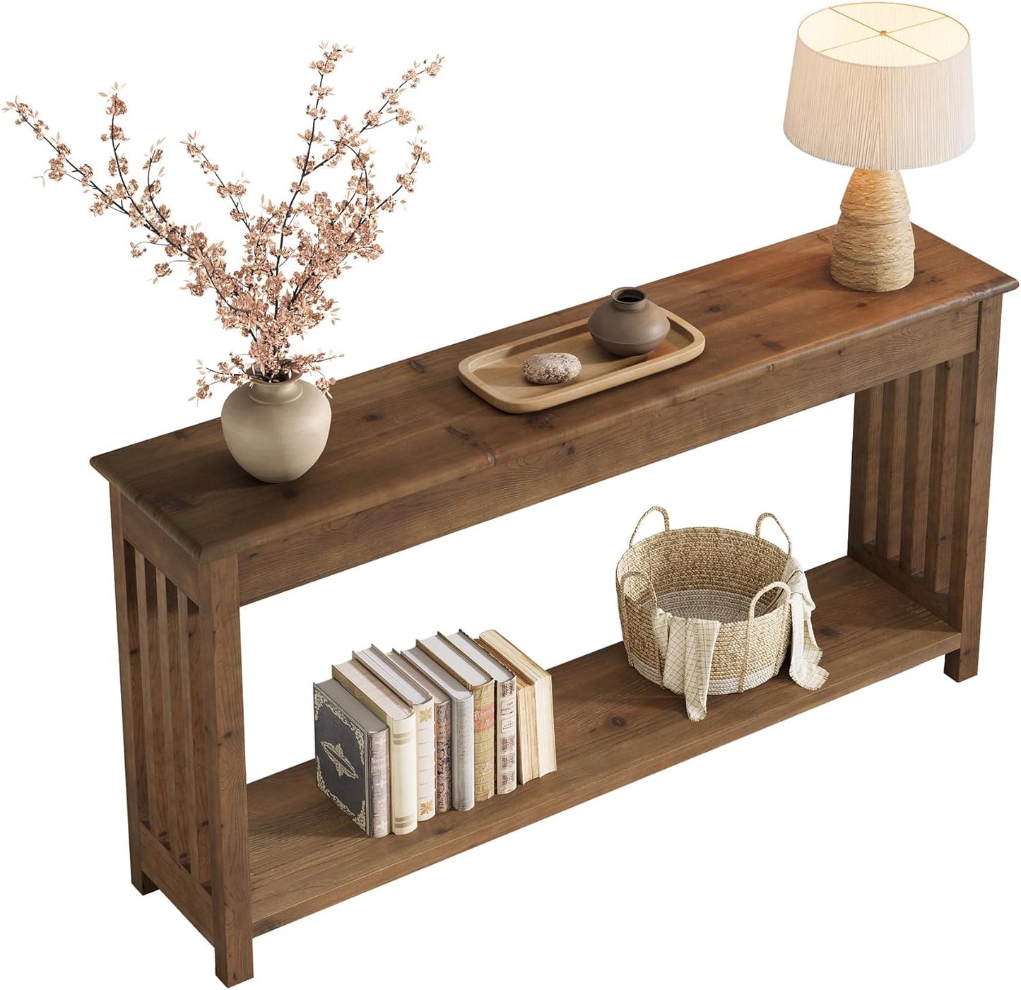 63" Solid Wood Console Table with 2-Tier Shelf, Farmhouse Sofa Table, Rustic Entryway Table for Behind Couch, Hallway, Living Room