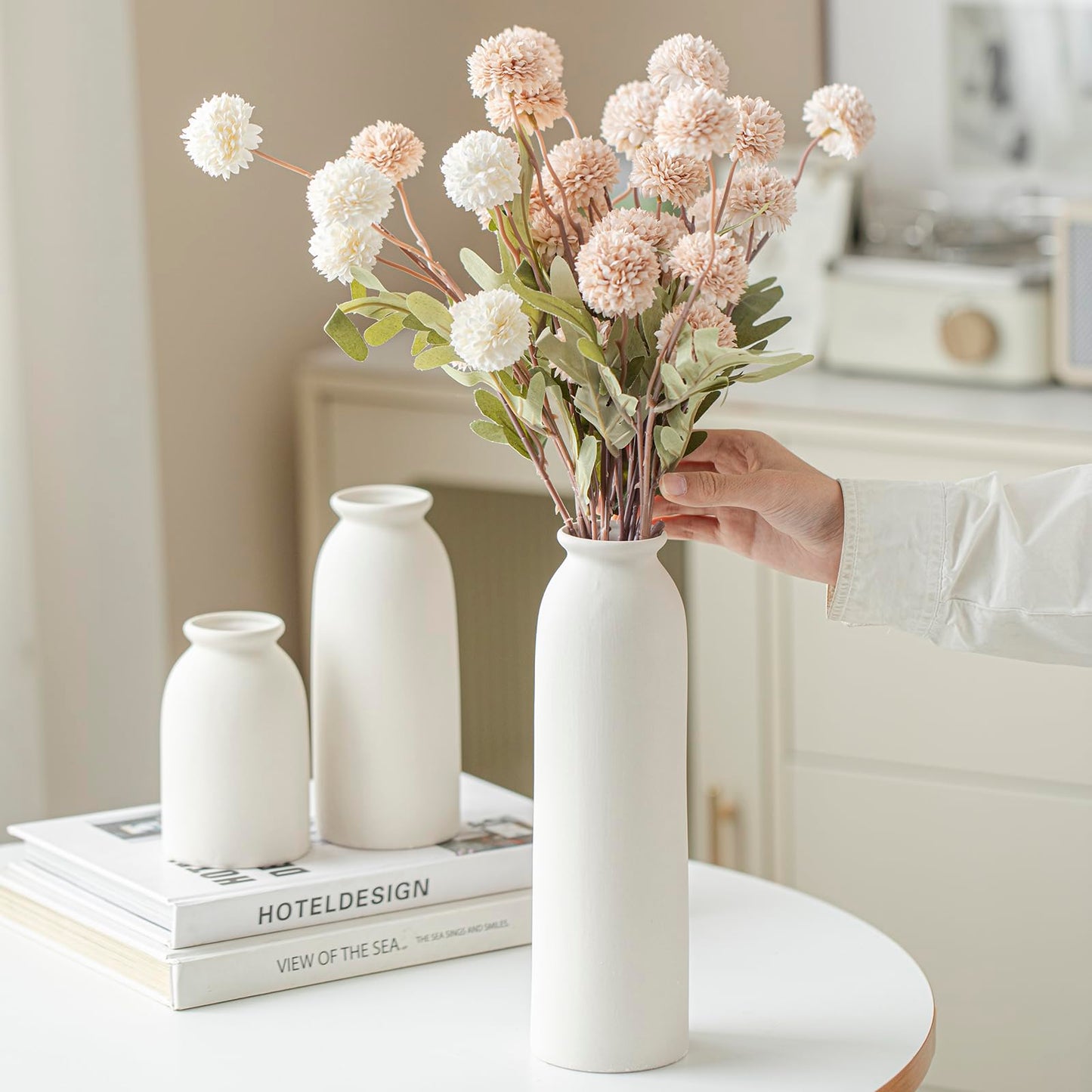 Ceramic Vase Set-3, Small Flower Vases for Decor, Modern Boho Farmhouse Style, Decorative Vases for Pampas Grass & Dried Flowers, Distressed Finish (Beige)