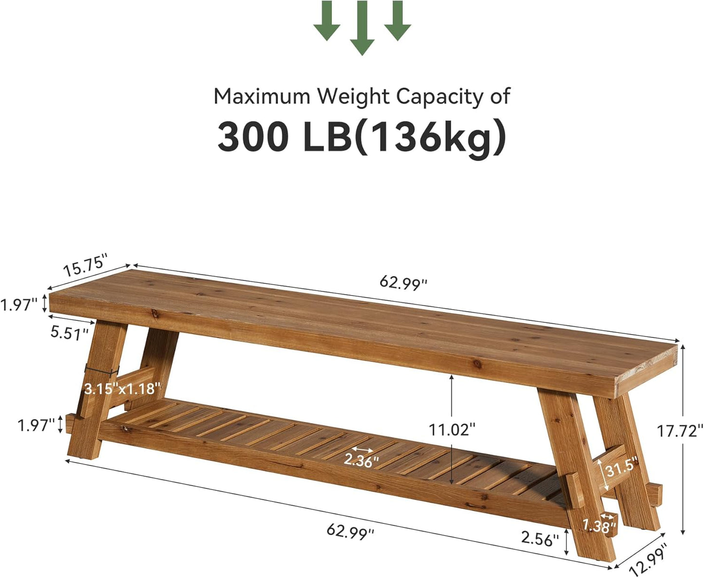 63" Solid Wood Bench, 2-Tier Shoe Rack, Farmhouse Entryway Bench with Shoe Storage, Kitchen Dining Bench, Narrow Shoe Storage Bench for Entryway, Bedroom, Mudroom, Living Room, Rustic Brown