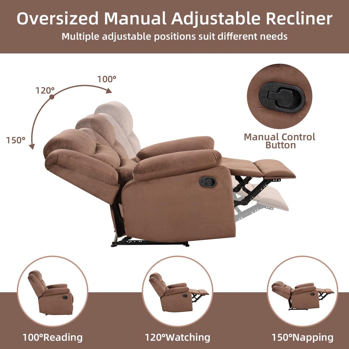 IOMOR Manual Recliner Chair with Overstuffed Arm and Extra-Padded Back, Breathable PU Leather Reclining Chair for Adults, Single Sofa for Living Room, Bedroom (Dark Brown)
