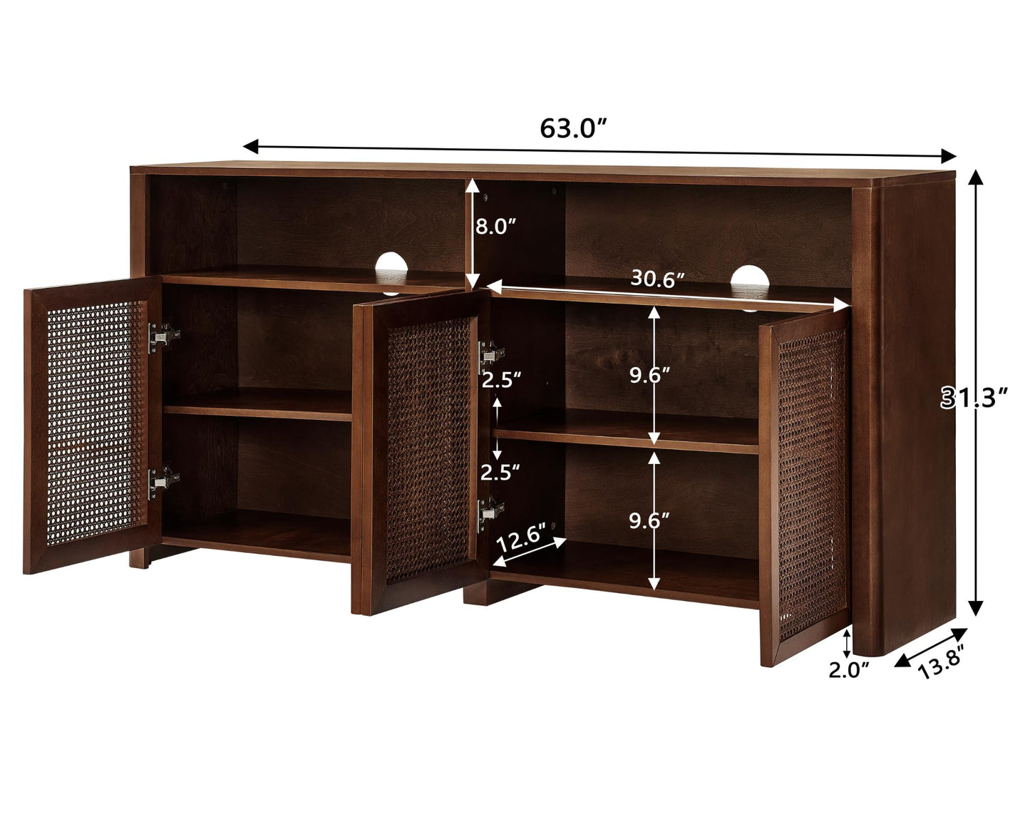 LKTART 63" Rattan Sideboard Buffet Cabinet,Kitchen Storage Cabinet,Wood Coffee Bars with 4 Doors & Open Storage Shelves,Mid Century Modern Credenza Console Table for Living Room,Walnut