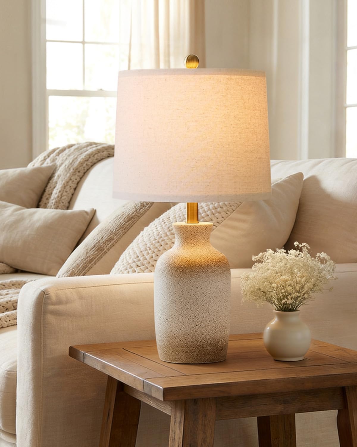 PoKat 24'' Farmhouse Ceramic Table Lamp for Living Room with Natural Textured Finish, Rustic Bedside Lamps for Bedroom, Organic Nightstand Lamps Dresser End Side Table Home Gift (White and Antique)
