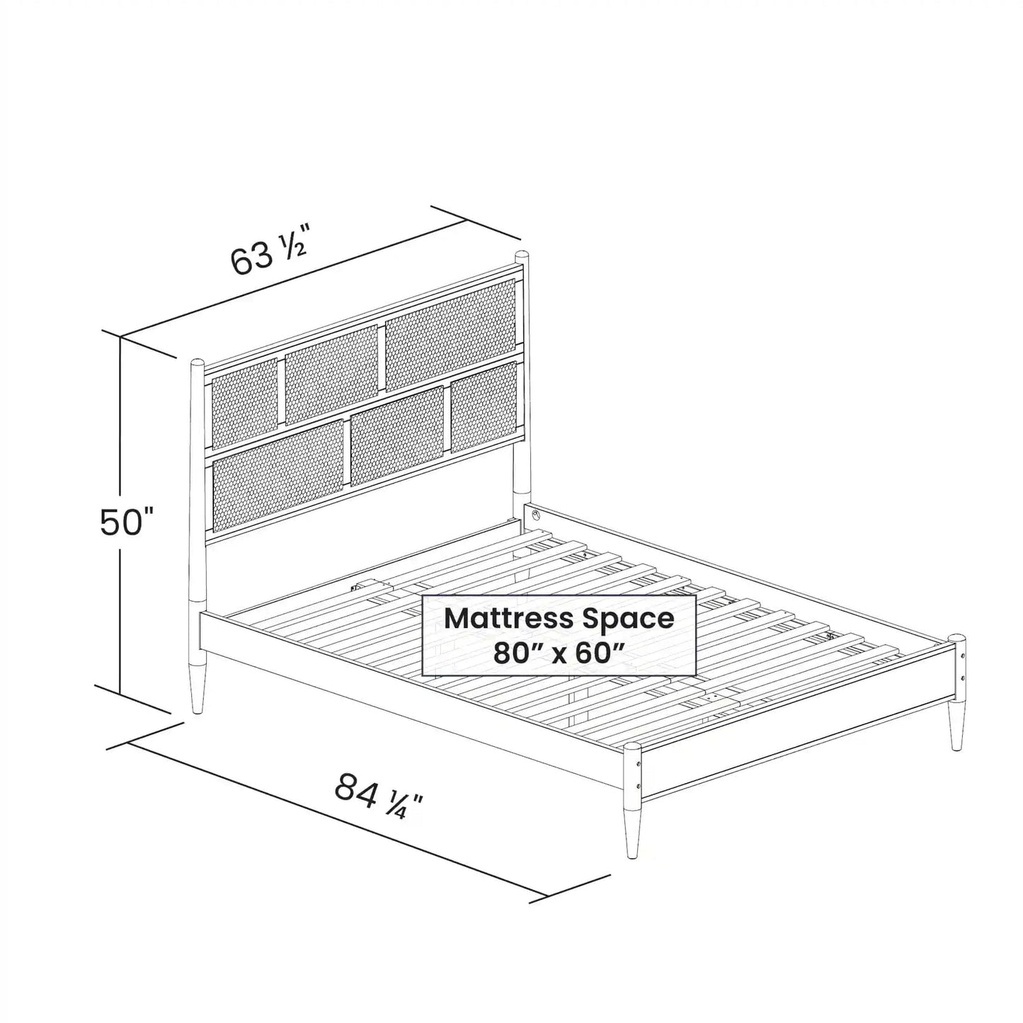 Grain Wood Furniture Mid Century Cane Solid Wood Queen Size Bed with a Brushed Walnut Finish