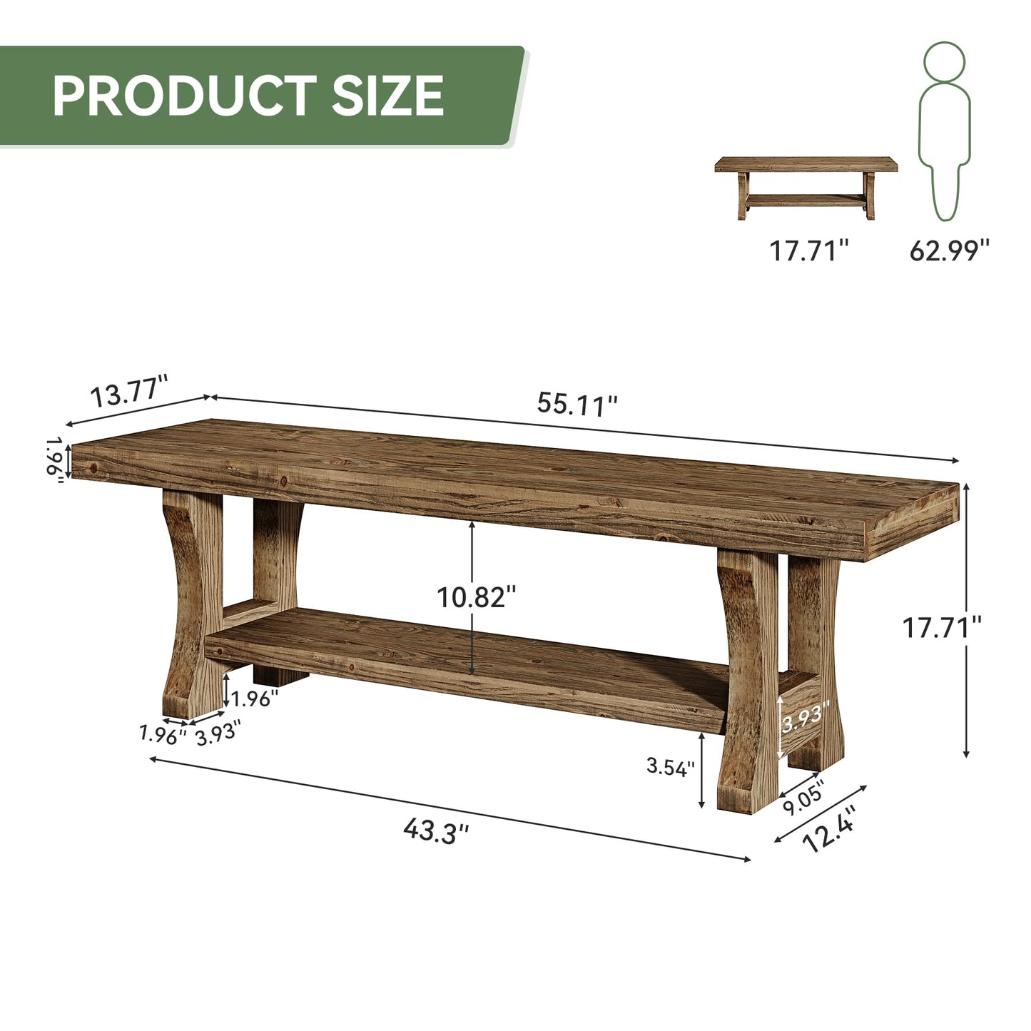 Solid Wood Entryway Bench, 55" End of Bed Bench, Long Indoor Dining Seat for Hallway, Bedroom, Living Room, Dining Room, Easy Assembly, Brown