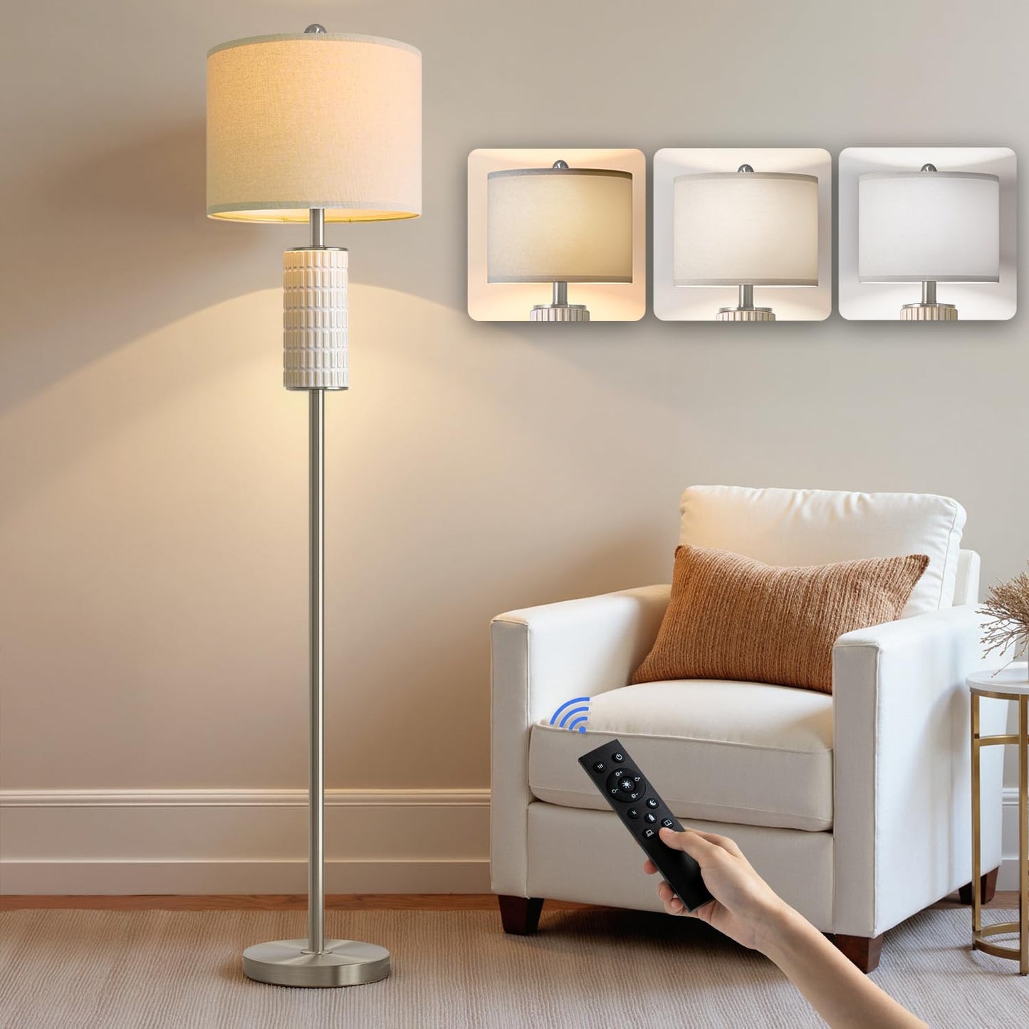 PoKat Farmhouse Floor Lamp for Living Room with Ceramic, 64" Black Standing Lamps for Living Room Corner, Modern Tall Floor Lamps for Bedroom, Sofa, Reading Nock, Rotary Switch, Matte Black