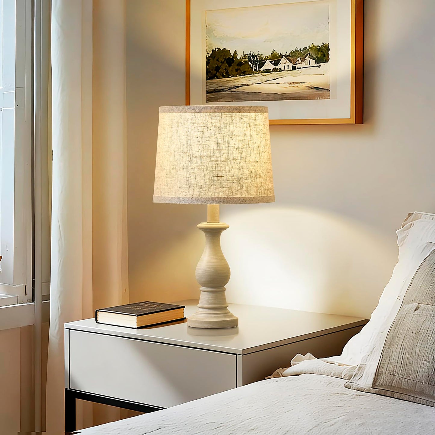 Vintage Table Lamp for Living Room Bedroom, 18.5" Farmhouse Bedside Lamps Nightstand Lamp Set of 2, Table Lamps with Oatmeal Linen Lamp Shades, 2 LED Bulbs Included