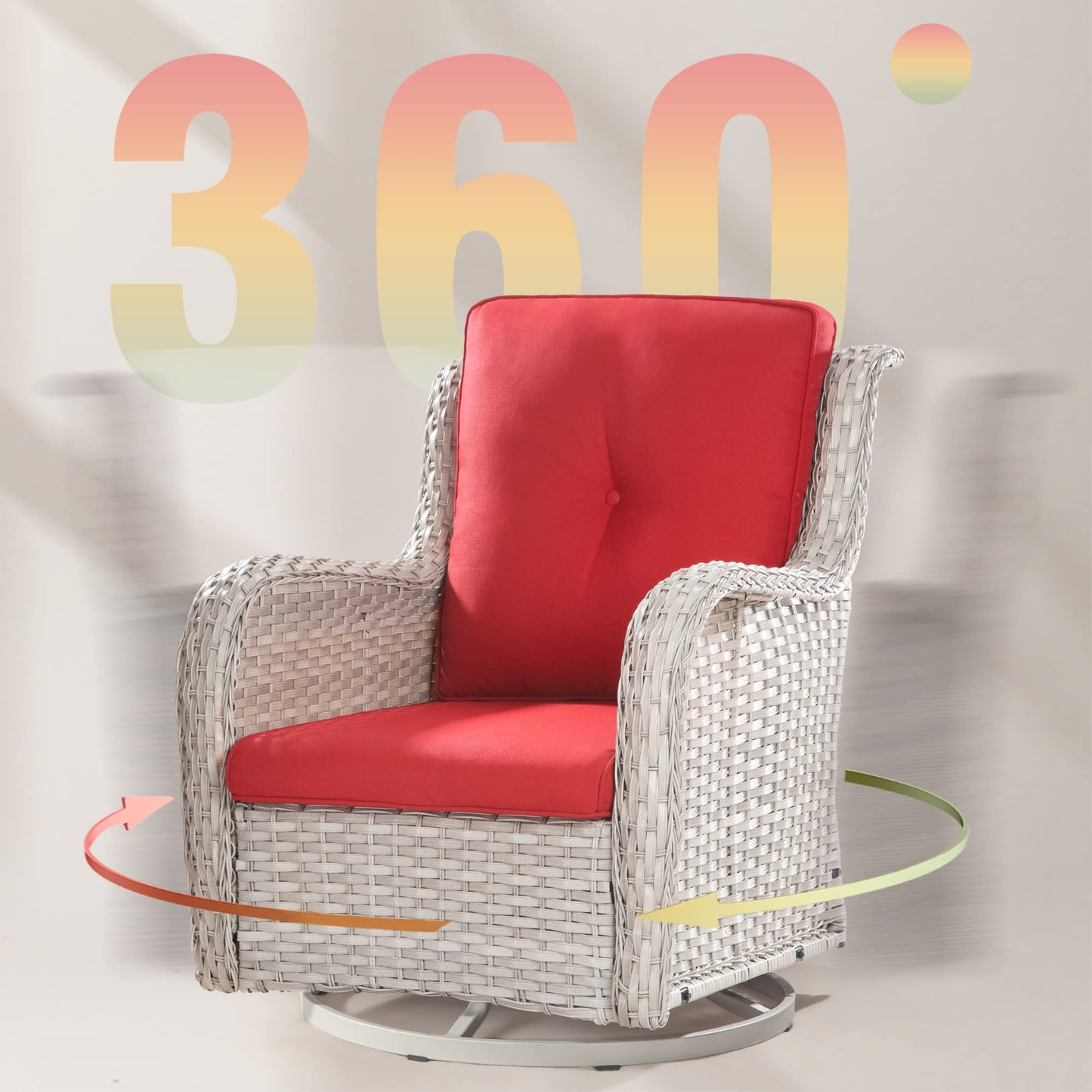 Joyside Outdoor Swivel Rocker Patio Chairs Set of 2 and Matching Side Table - 3 Piece Wicker Patio Bistro Set with Premium & Soft Fabric Cushions(Light Grey/Red)