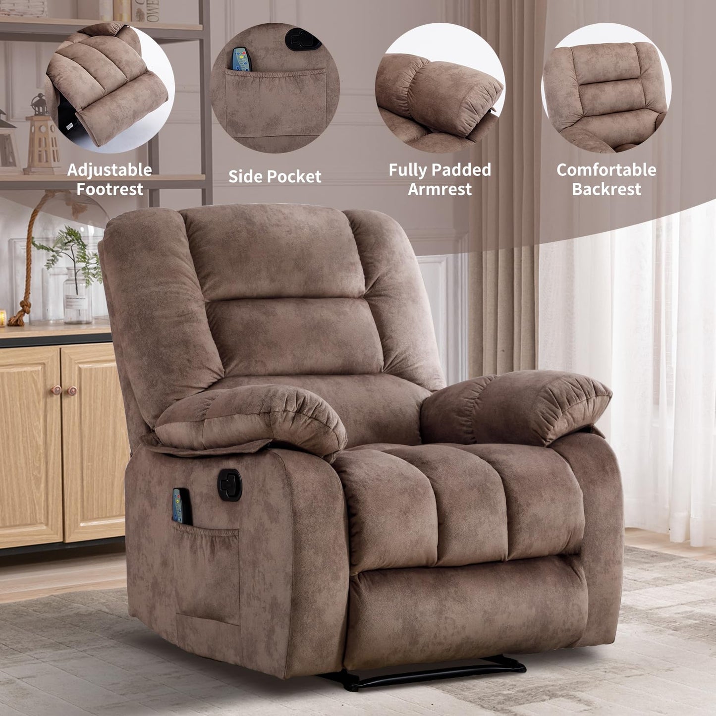 IOMOR Massage Recliner Chair with Heat and Massage, Ergonomic Overstuffed Breathable Fabric Reclining Chairs, Single Sofa Chair with Side Pockets for Living Room Home Theater (Dark Gray)