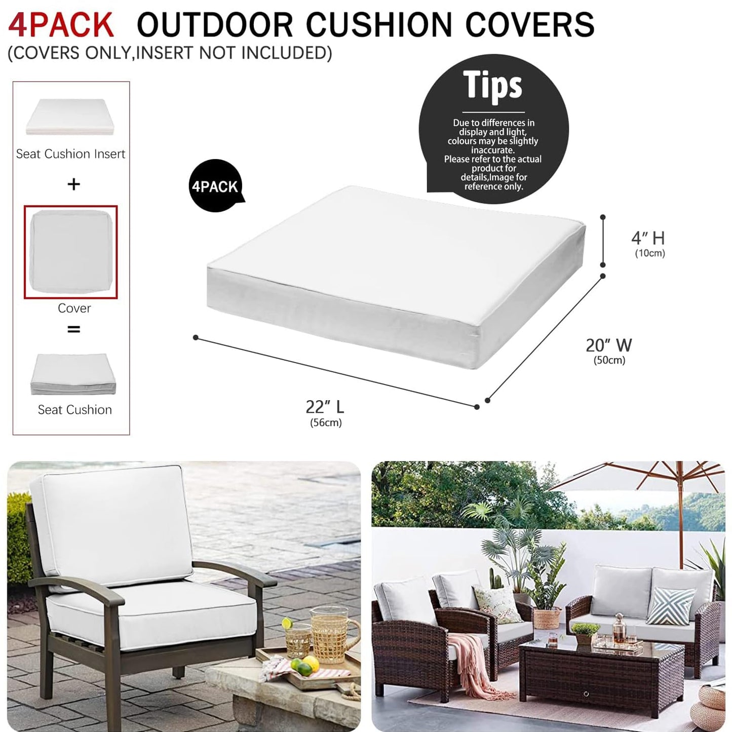 VAKADO Outdoor Patio Furniture Chair Cushion Replacement Covers Set of 4 Waterproof Decorative Cushion Cases Decor for Bench Garden Porch Couch Tent(Turquoise, 24"X24"X4")