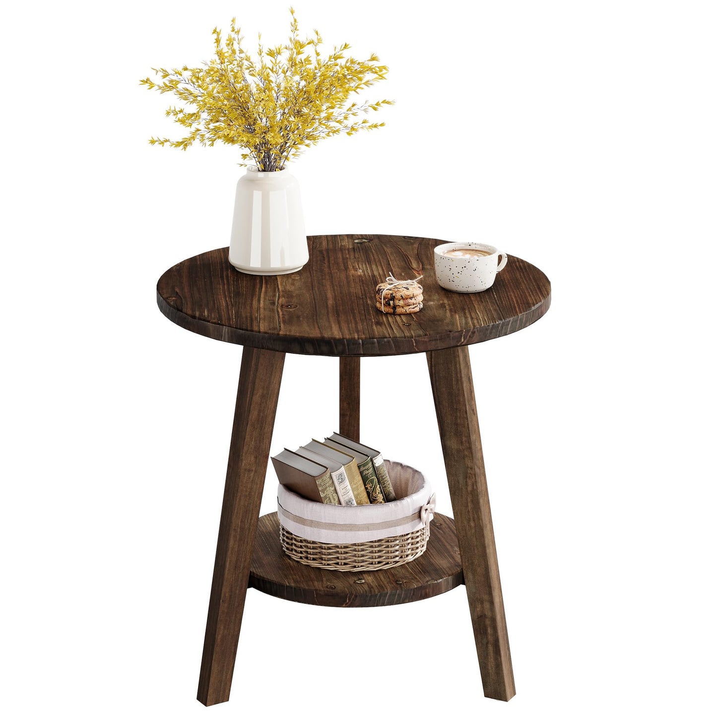 Solid Wood Round End Table, Sofa Side Table with Storage Shelf, Farmhouse Nightstand for Living Room, Bedroom, Easy Assembly (Dark Brown, 1 PC)