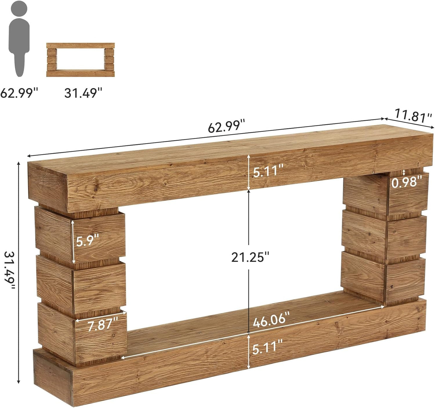 Solid Wood Console Table for Entryway, 62.9-Inch Long Narrow Sofa Table with Storage Shelf for Living Room Hallway