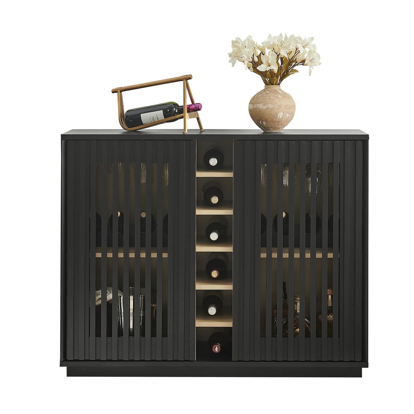 LKTART Wine Cabinet & Coffee Bar with Bottle Holders & Stemware Racks,Liquor Cabinet with Open Storage and Built-in Door Shelves,Bar Cabinet with Solid Wood Legs and Adjustable Shelf