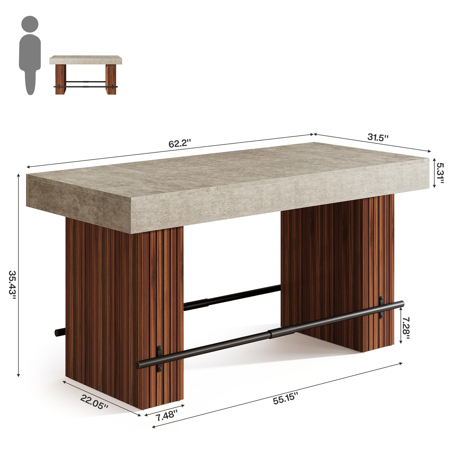 Tribesigns 62.2 Inch Bar Table, Industrial Counter Height Pub Dining Table, Rectangular Home Bar Units with Metal Footrest for Home Kitchen, Dining Room, Bistro, Brown and Dark Grey