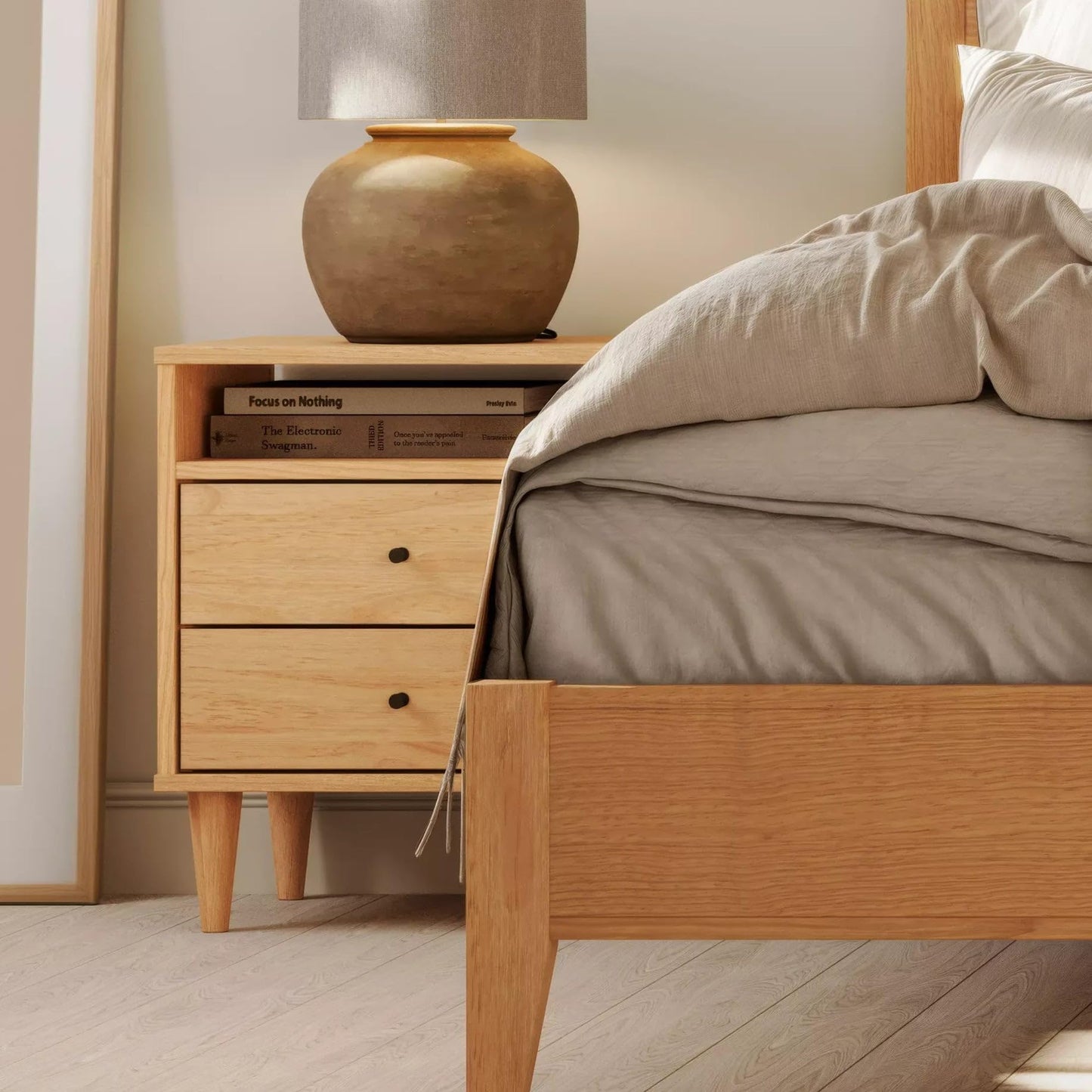 Grain Wood Furniture Mid Century 2-Drawer Nightstand, Solid Wood with a Brushed Walnut Finish