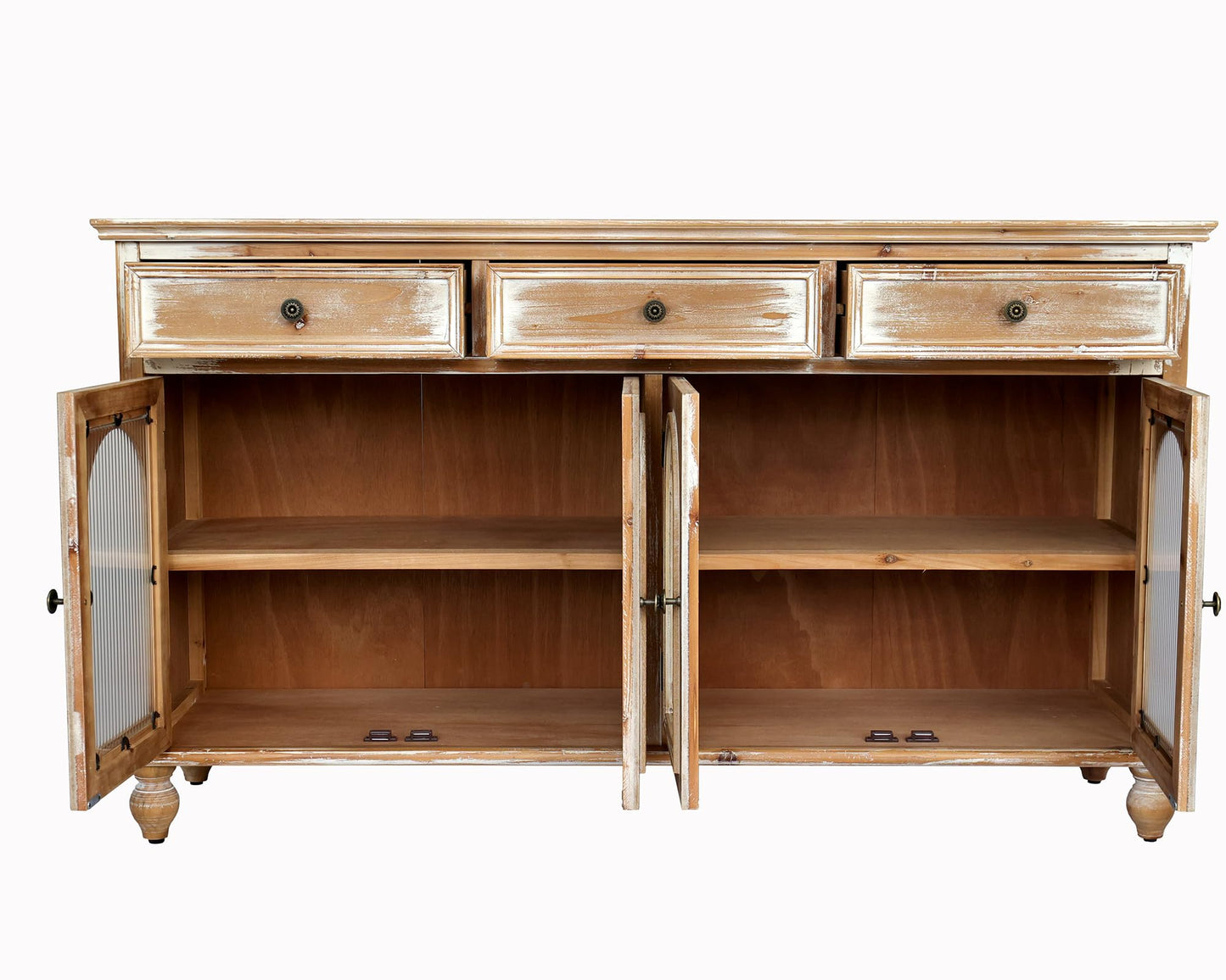 LKTART 60" Farmhouse Sideboard Buffet,Solid Fir Wood Frame with Hollowed-Out Carved Doors,Hand-Distressed Design,Versatile Storage Cabinet for Kitchen, Living Room,Natural Wood