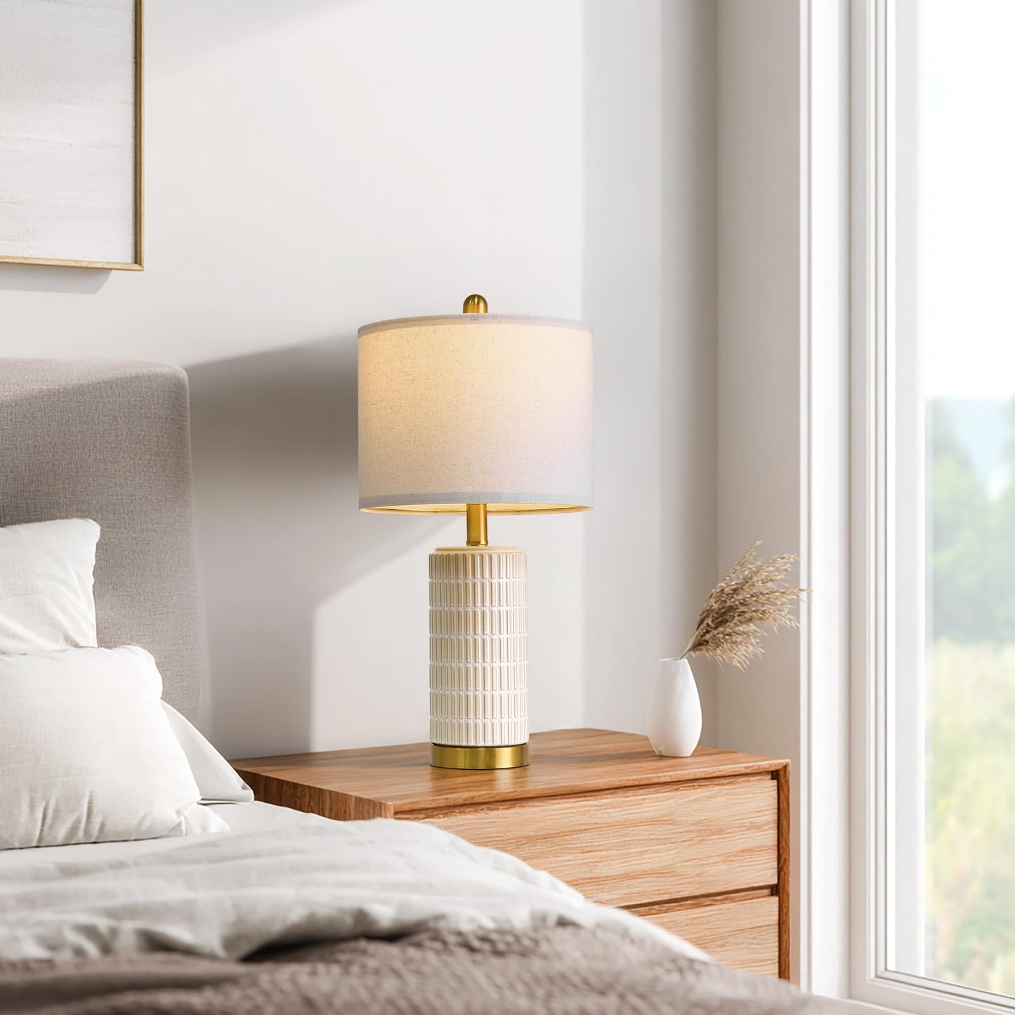 PoKat 20.75" Small Modern Ceramic Table Lamps Set of 2 for Bedroom, White Bedside Lamps for Night Stands, Farmhouse Desk Decor Gift Nightstand Table Lamps for Living Room End Table Beige