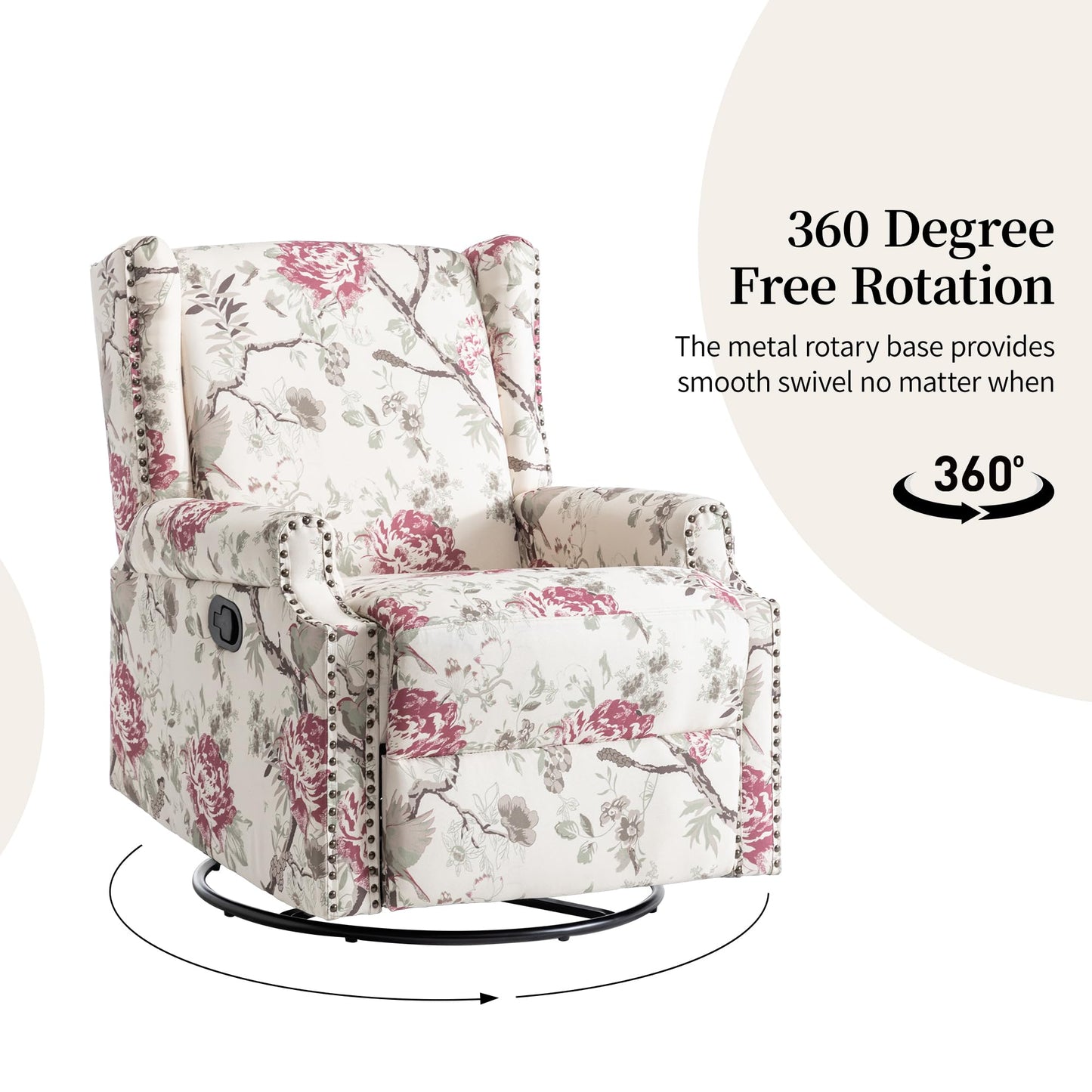 Swivel Rocker Recliner Chair, 360° Swivel Wingback Recliner Chairs for Adults, Upholstered Printed Fabric Glider Rocking Chair with High Back, Deep Seat for Living Romm Bedroom, Bird