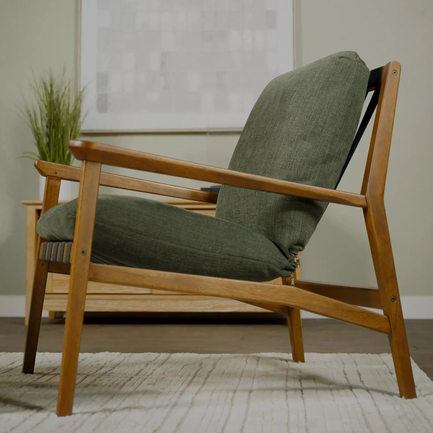 Grain Wood Furniture Solid Wood Mid Century Lounge Chair with Stone Gray Cushions