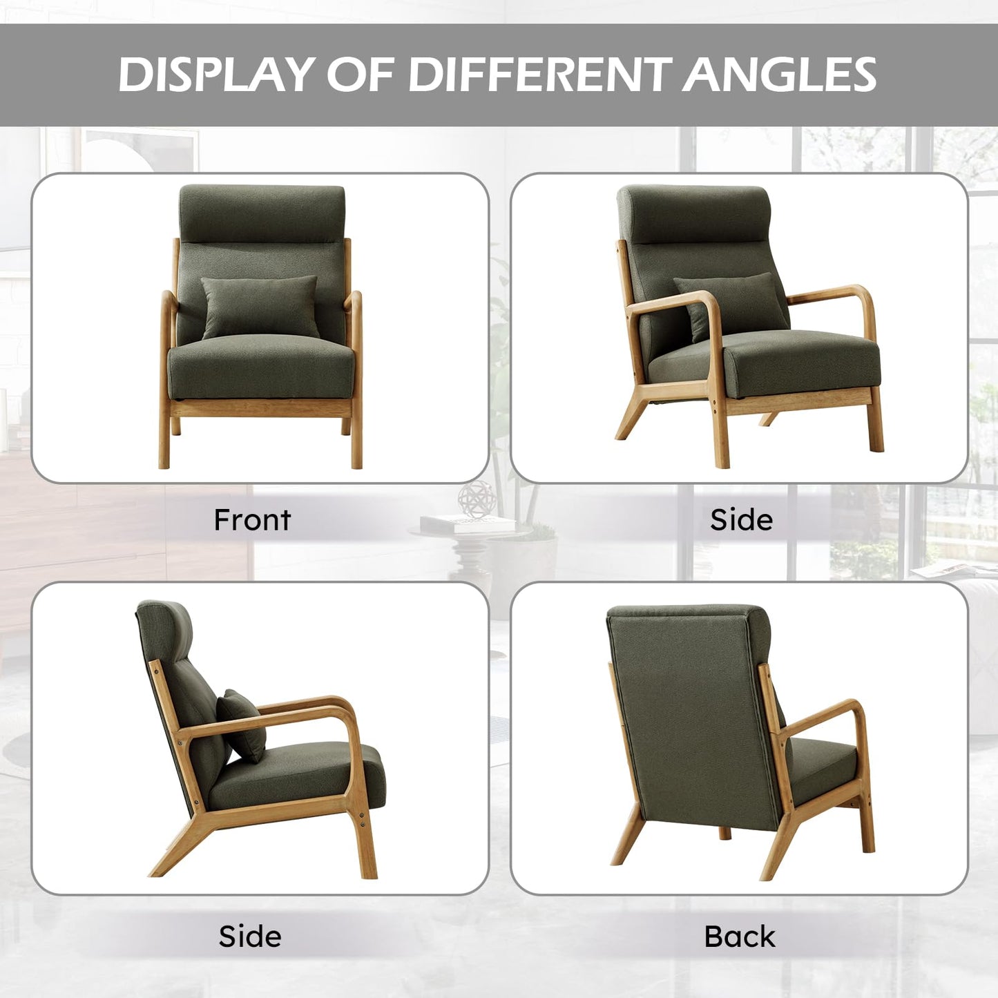 IOMOR Accent Chair Mid Century Modern Chair Linen Fabric Living Room Chairs with Solid Wood Frame Comfy Upholstered and Lumbar Pillow Reading Side Chair Easy Assembly for Bedroom Room (1, Linen Green)