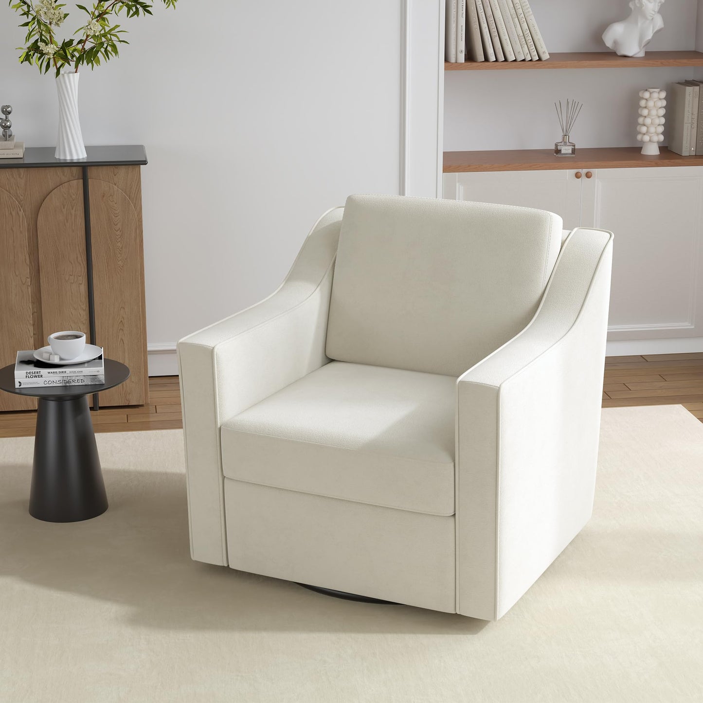 Swivel Accent Chairs Set of 2, 360° Swivel Upholstered Faux Leather Club Armchairs for Living Room, Comfy Single Sofa Reading Chair with Deep Seat, Metal Swivel Base, Coffee