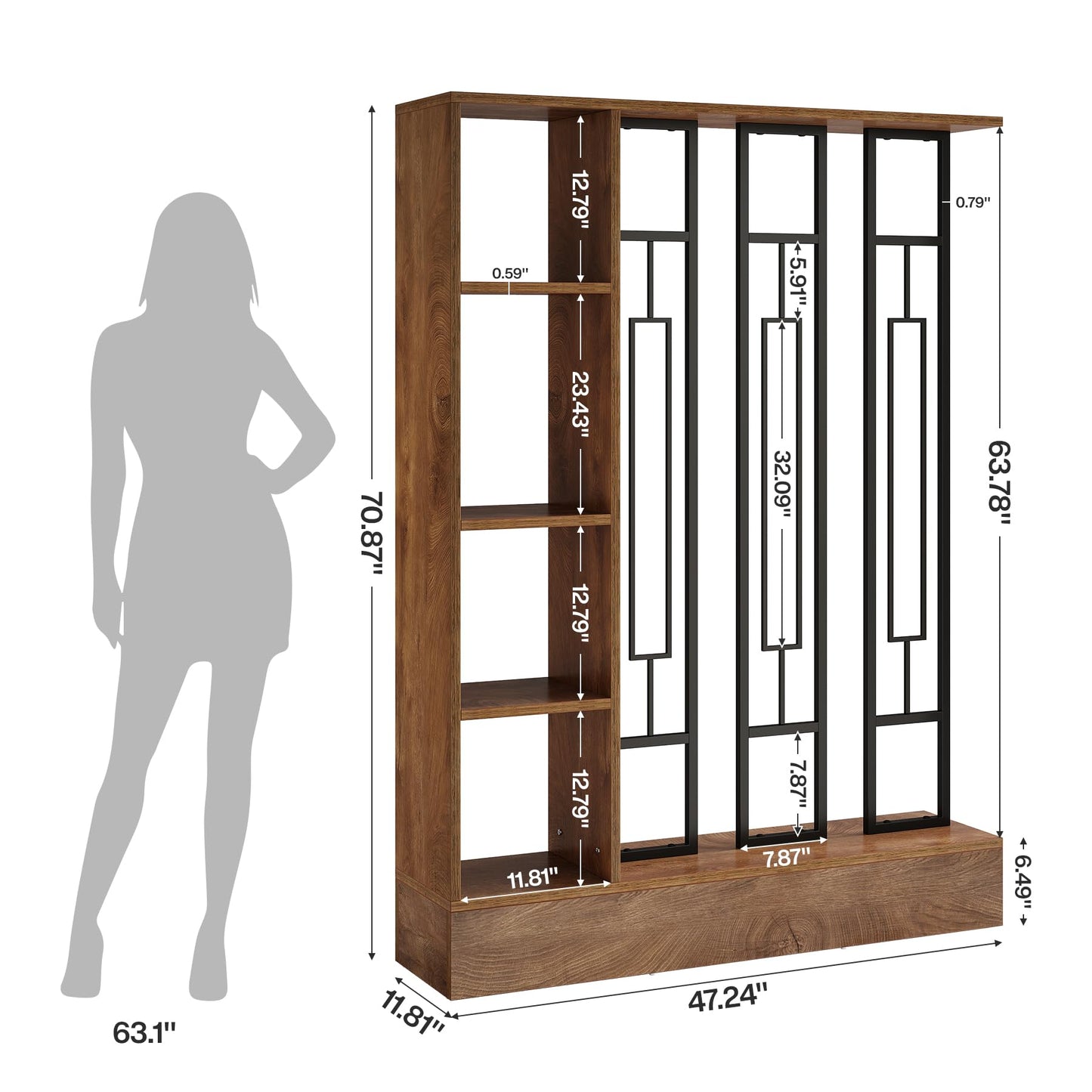 Tribesigns Wall Room Divider with Display Shelves, 70.9" Modern Freestanding Room Divider Screen with Sturdy Base, Wall Partition for Home & Office (Brown & Black, 47.2" W x 11.8" D x 70.9" H)