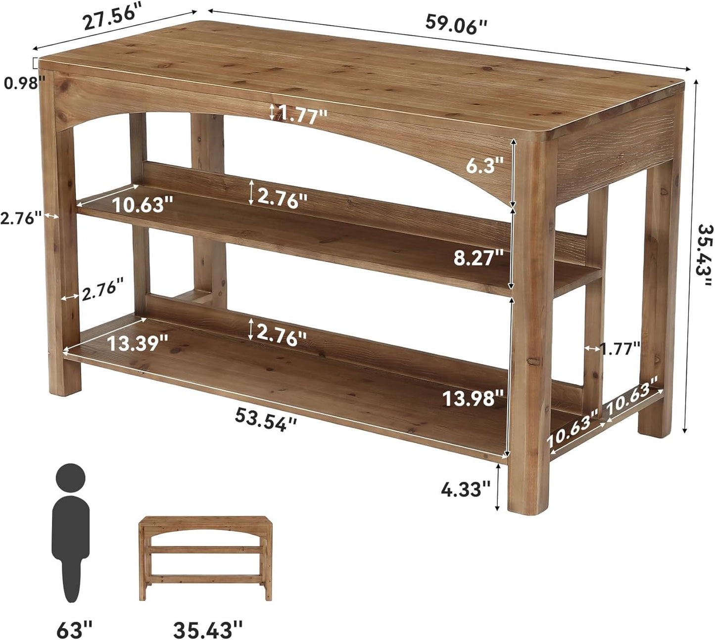 TRIBEWOOOD 59 Inches Kitchen Island with Storage, 3-Tier Solid Wood Stationary Island Table with Open Shelves, Large Prep Table for Kitchen Dining Room, Rustic Brown
