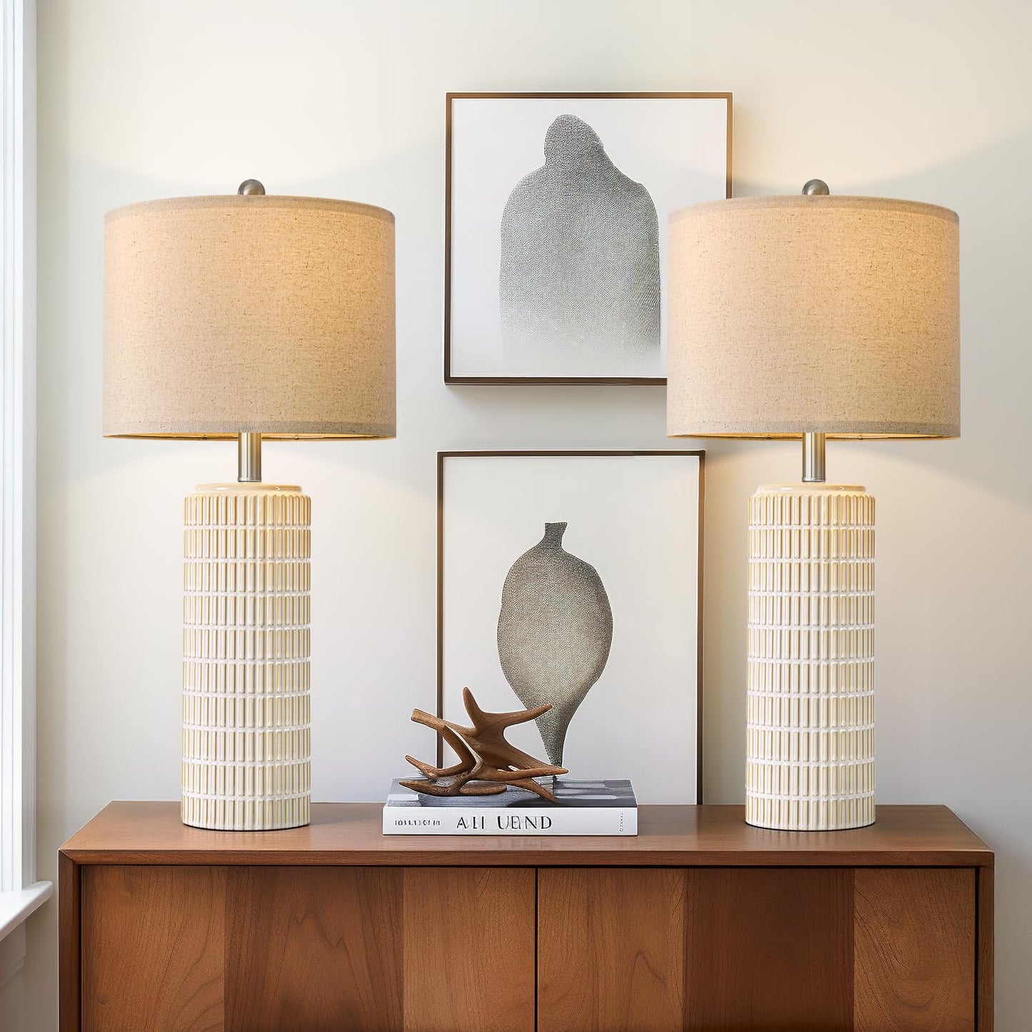 PoKat 23" Modern Ceramic Table Lamp Set of 2 for Living Room White Desk Lamps for Bedroom Farmhouse Bedside Nightstand Lamp House Warming Gifts New Home Decor End Table Lamps Gifts for Women Mom Beige