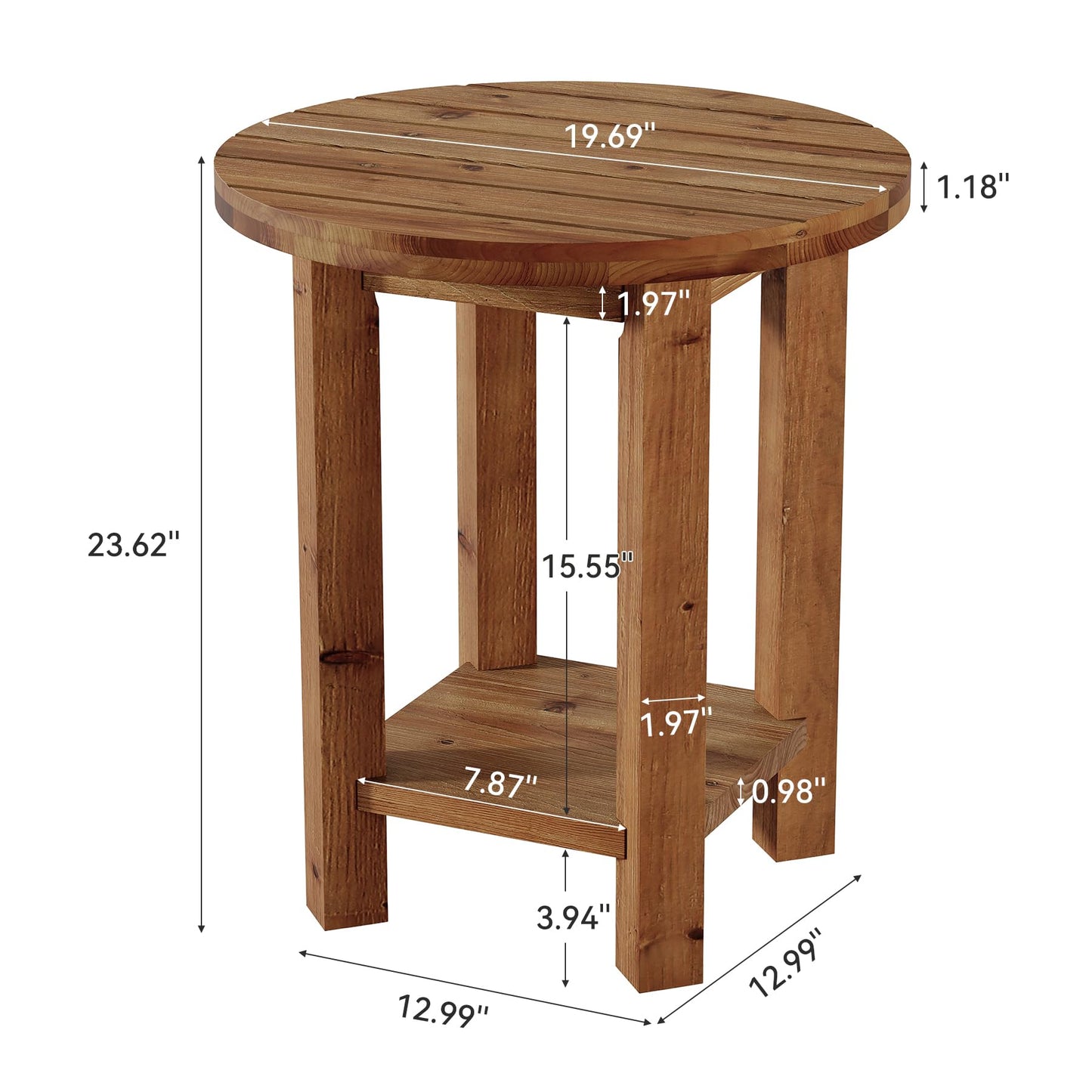 Round Side Table, 2-Tier Solid Wood End Table with Storage Shelf, Small Farmhouse Accent Table with Grooved Textured Tabletop for Living Room, Bedroom, Brown (1)