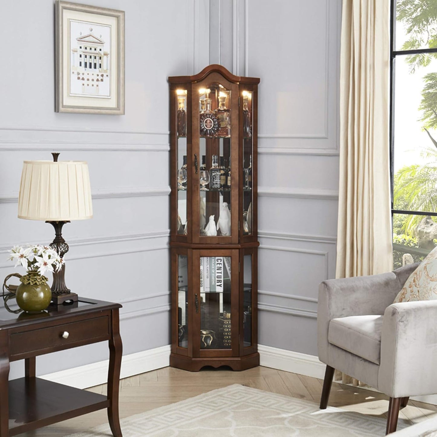 LKTART Corner Storage Cabinet,Glass Display Cabinet with Lights,Corner Curio Cabinet with Tempered Glass Doors and Shelves(70.5" T x15.4 D x 21.7" W Walnut)