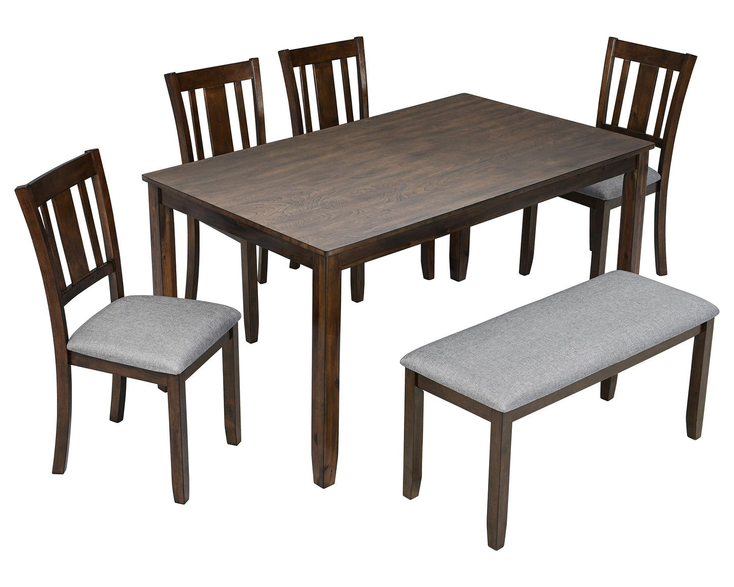 LKTART 6 Piece Kitchen Dining Set, 58.5" Rectangular Wooden Dinner Table with 4 Upholstered Chairs and a Bench for Living Room, Home Bar and Kitchen, Walnut